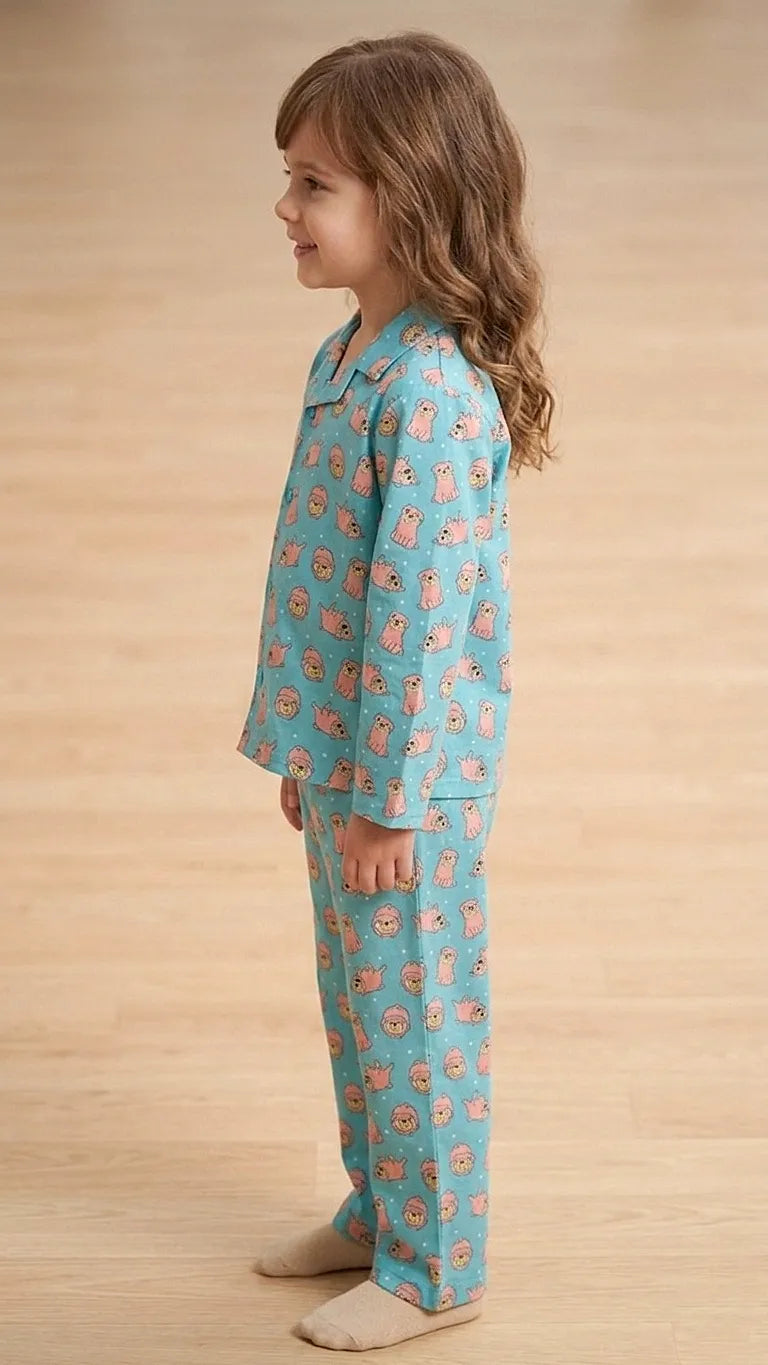 Girls  Pure Cotton Blue & Pink Puppy Print Night Suit