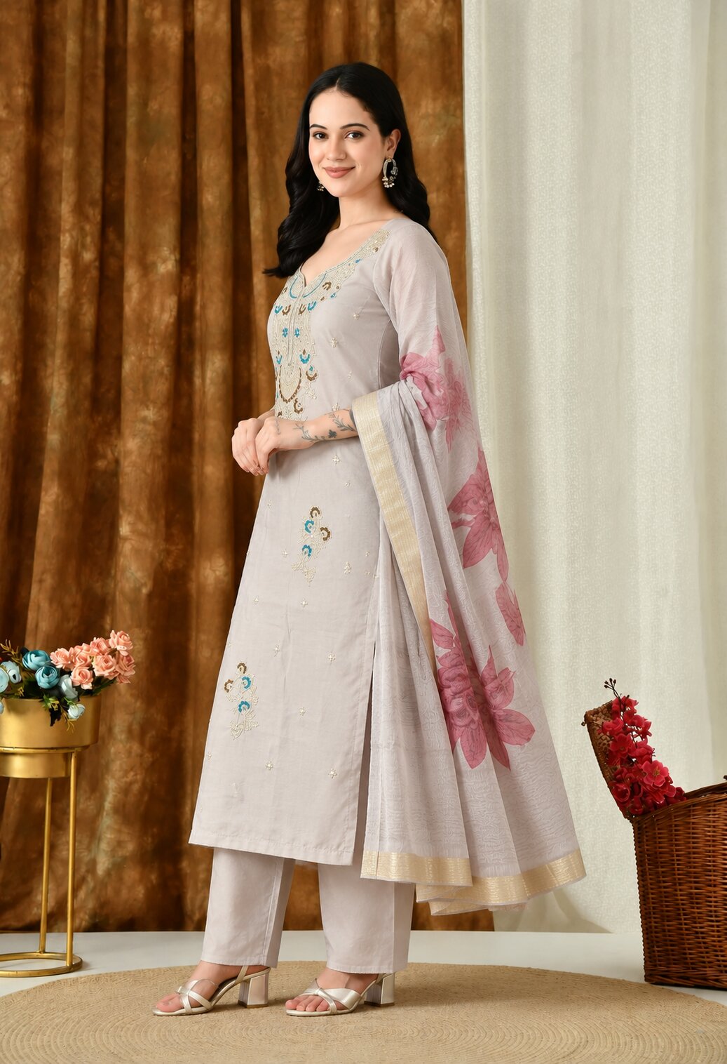 Chanderi Silk Embroidered Suit Set with Organza Dupatta