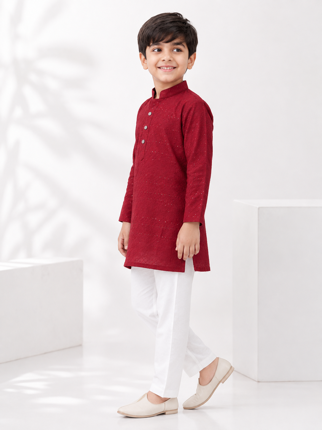 Boys Maroon Chikankari & Sequined Pure Cotton Kurta with Pyjama Set