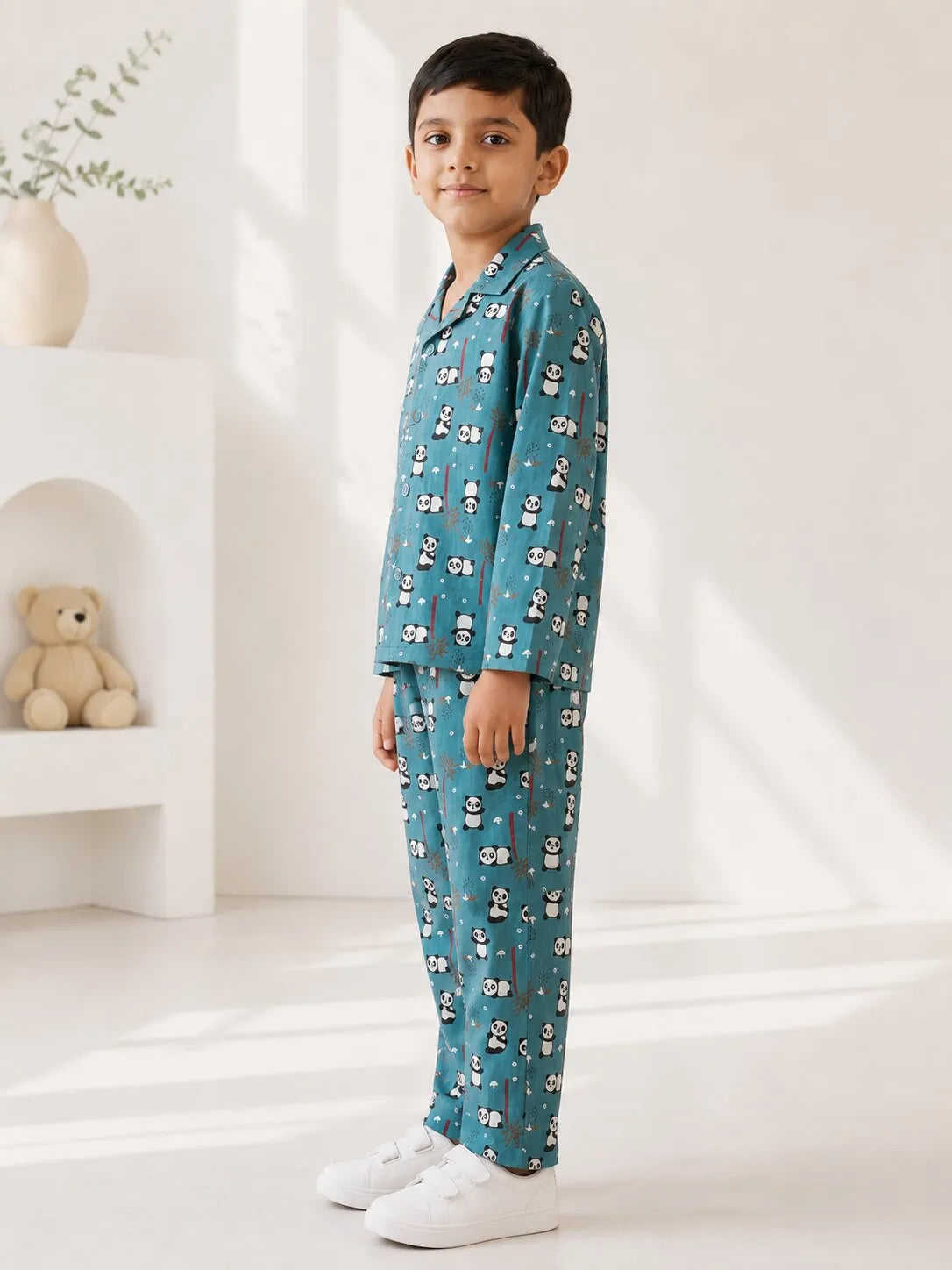 Kids Boys Blue Panda Printed Satin Night Suit