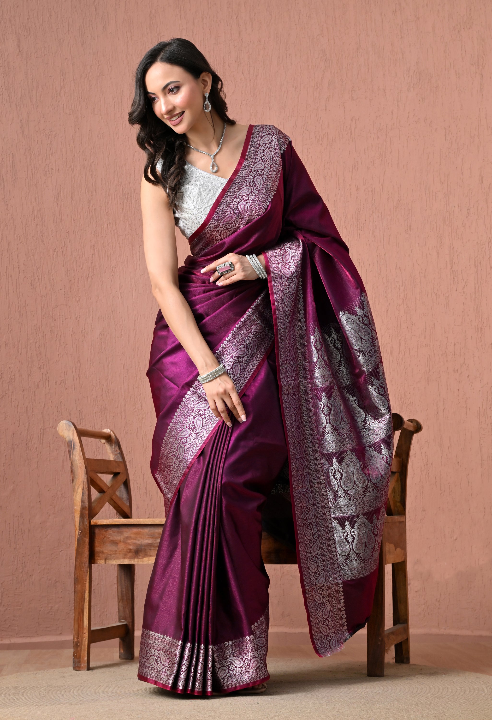 Exquisite Purple Pure Silk Banarasi Saree with Silver Zari Paisley Borders