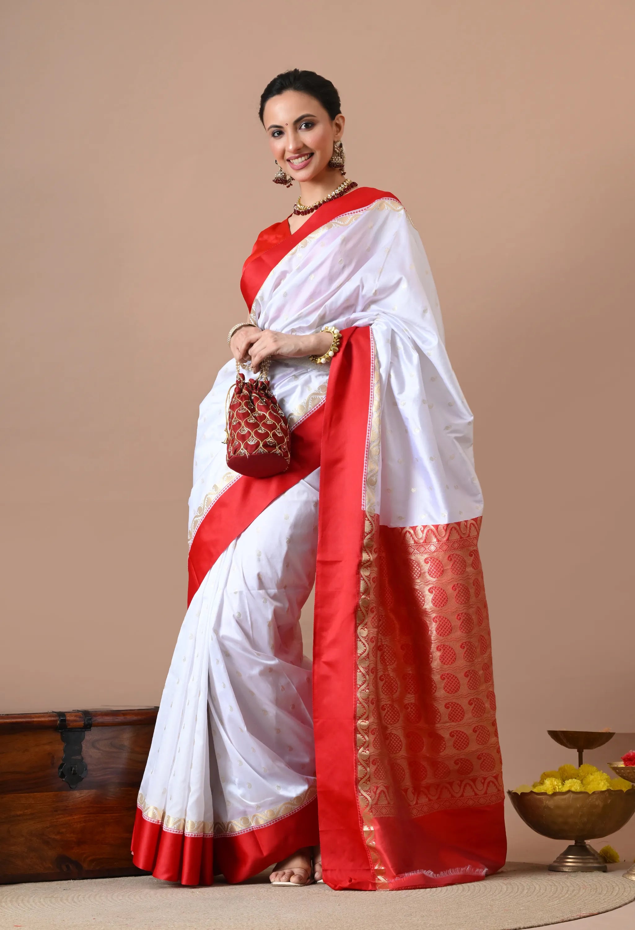 White & Red Woven Design Silk Blend Banarasi Saree