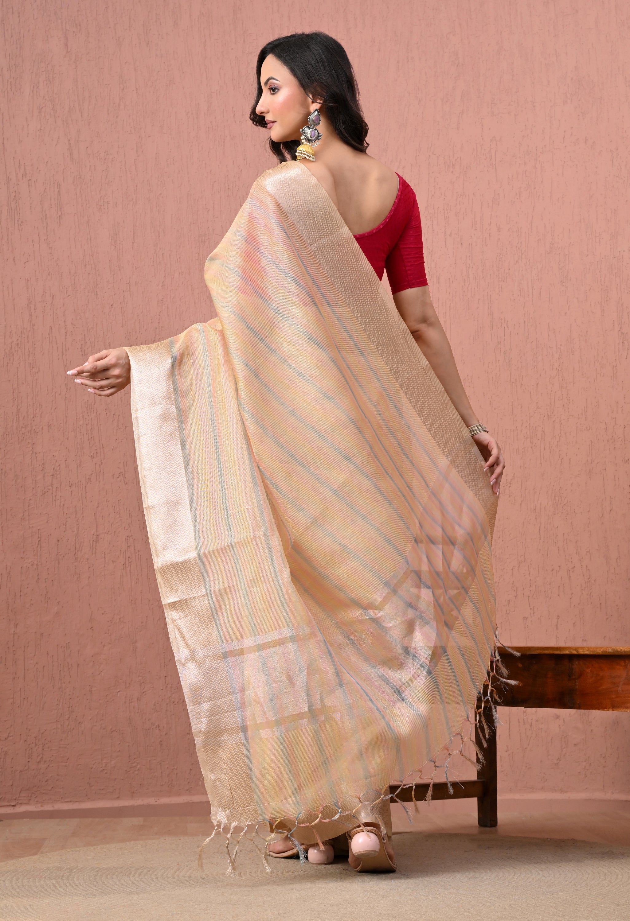Elegant Pastel Beige  Striped Pure Cotton Saree with Zari Border