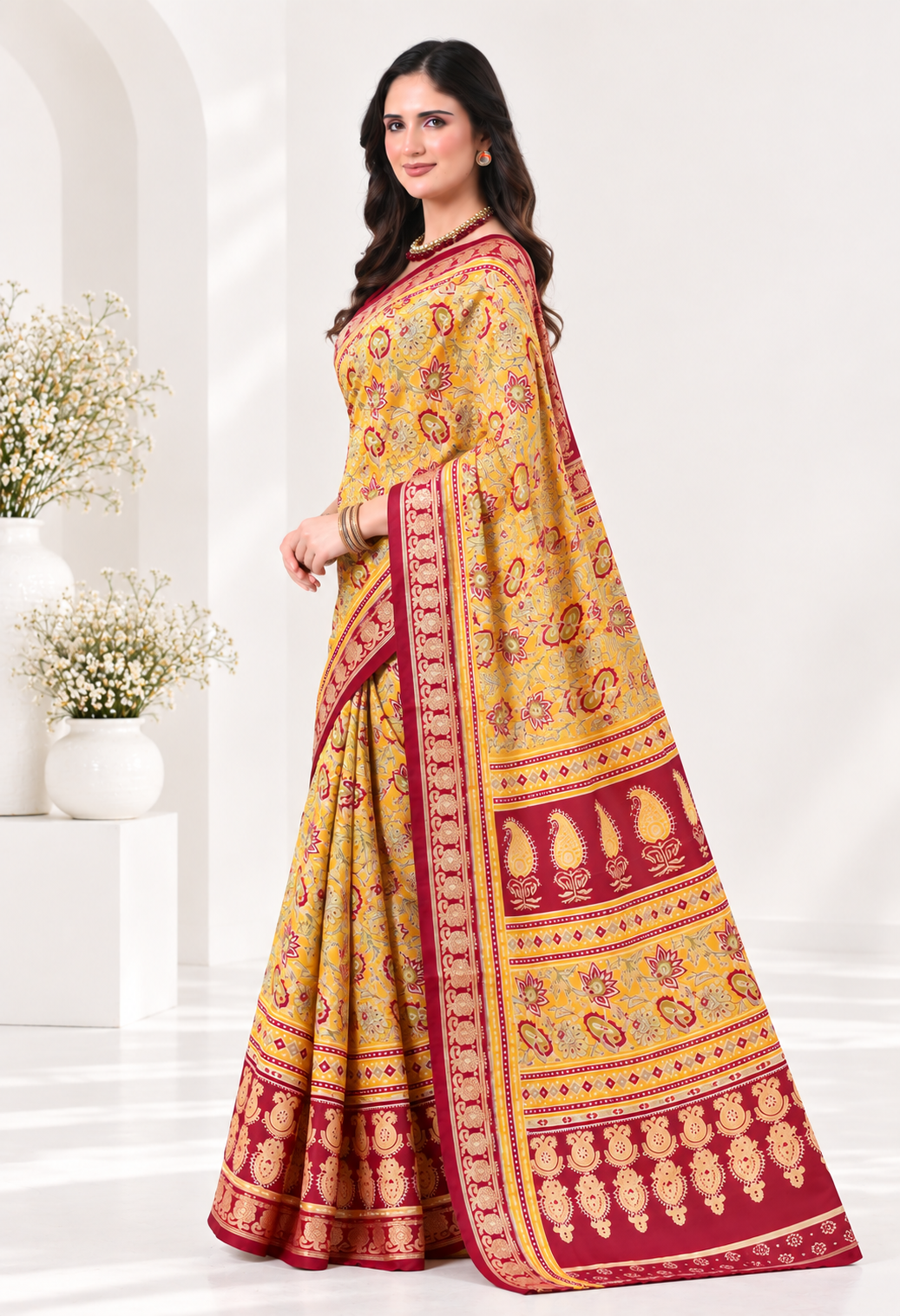 Elegant Mustard Yellow Printed Saree with Maroon Traditional Border