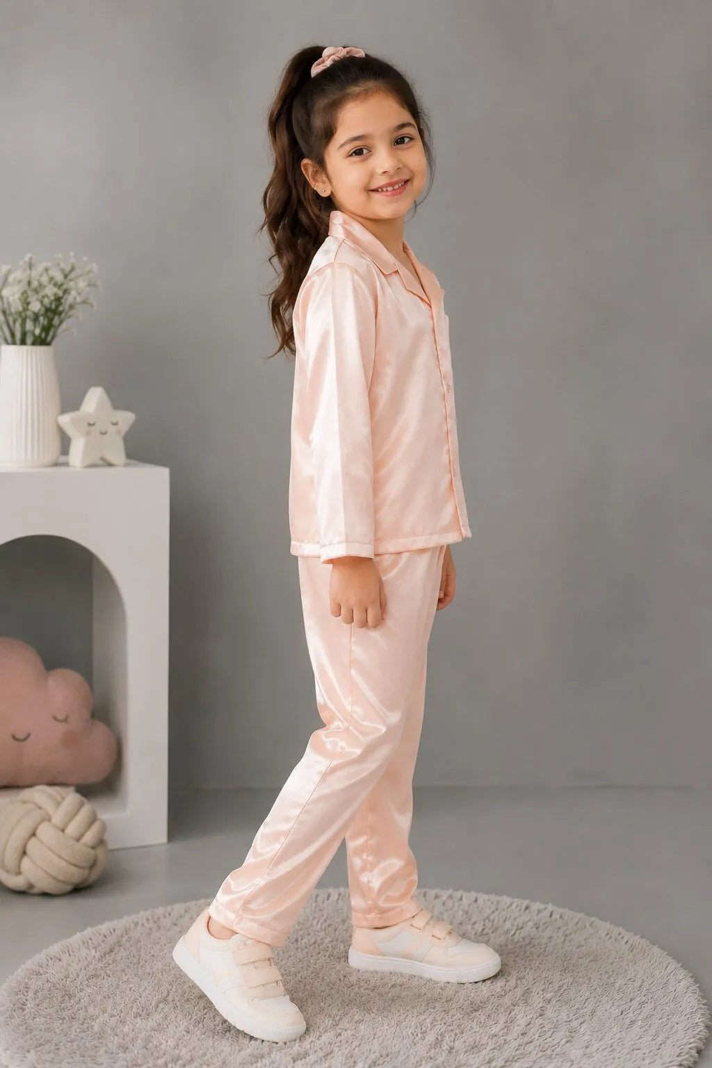 Kids' Peach Solid Satin Girls Night Suit