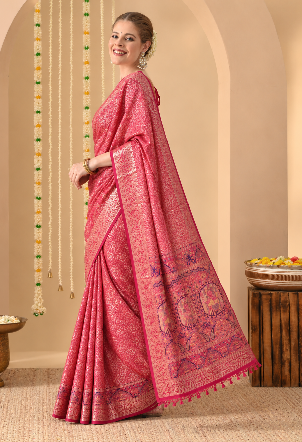 Wine Red Printed Silk Blend Saree
