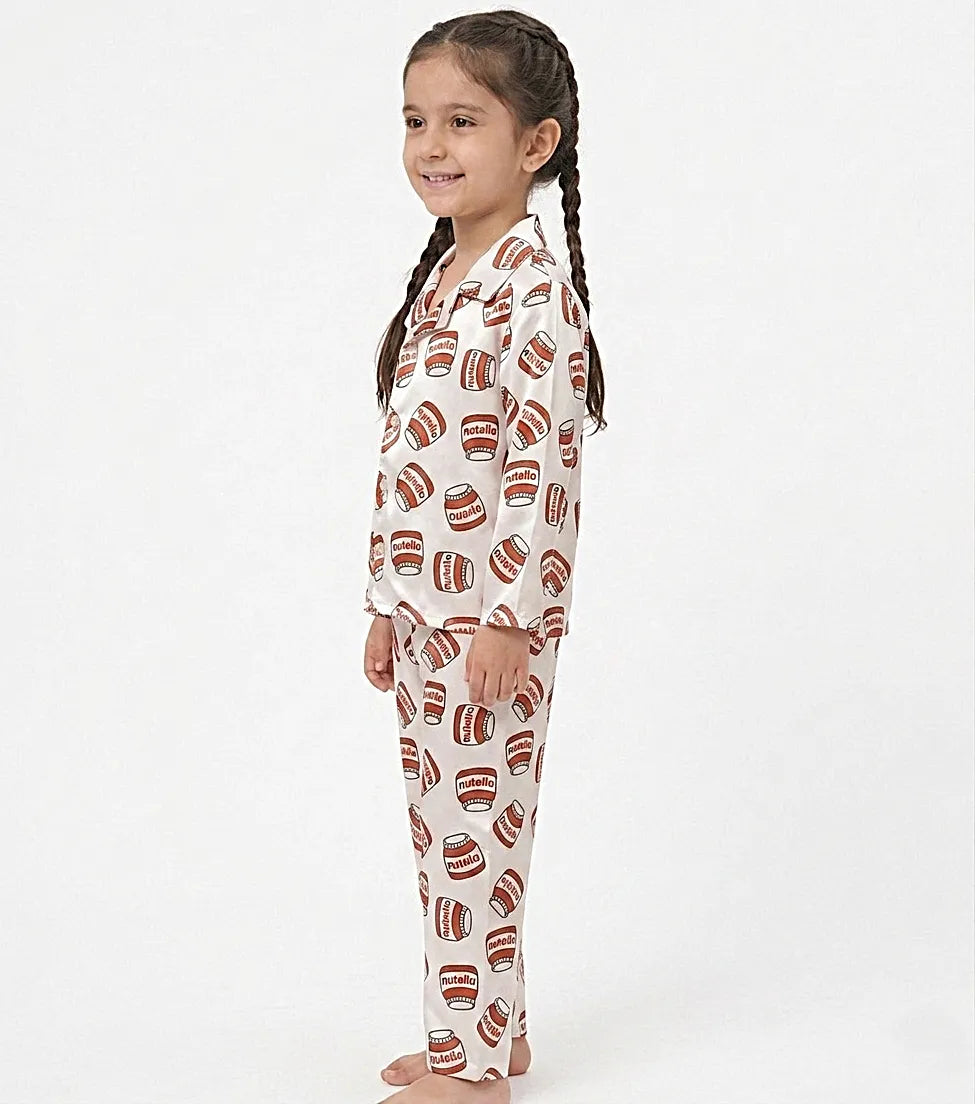 Girls Satin Nutella Print Night Suit – White & Red