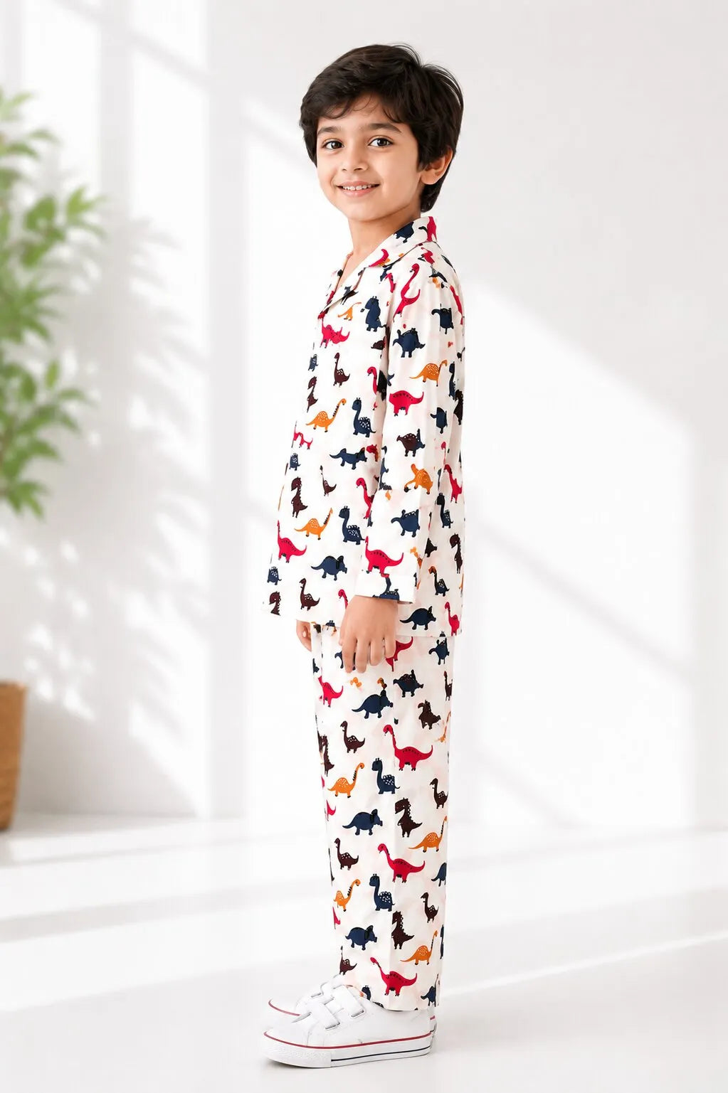 Kids Boys Full Sleeve Collared Pure Cotton Night Suit | Printed Pajama Set | Sleepwear for Kids Boys