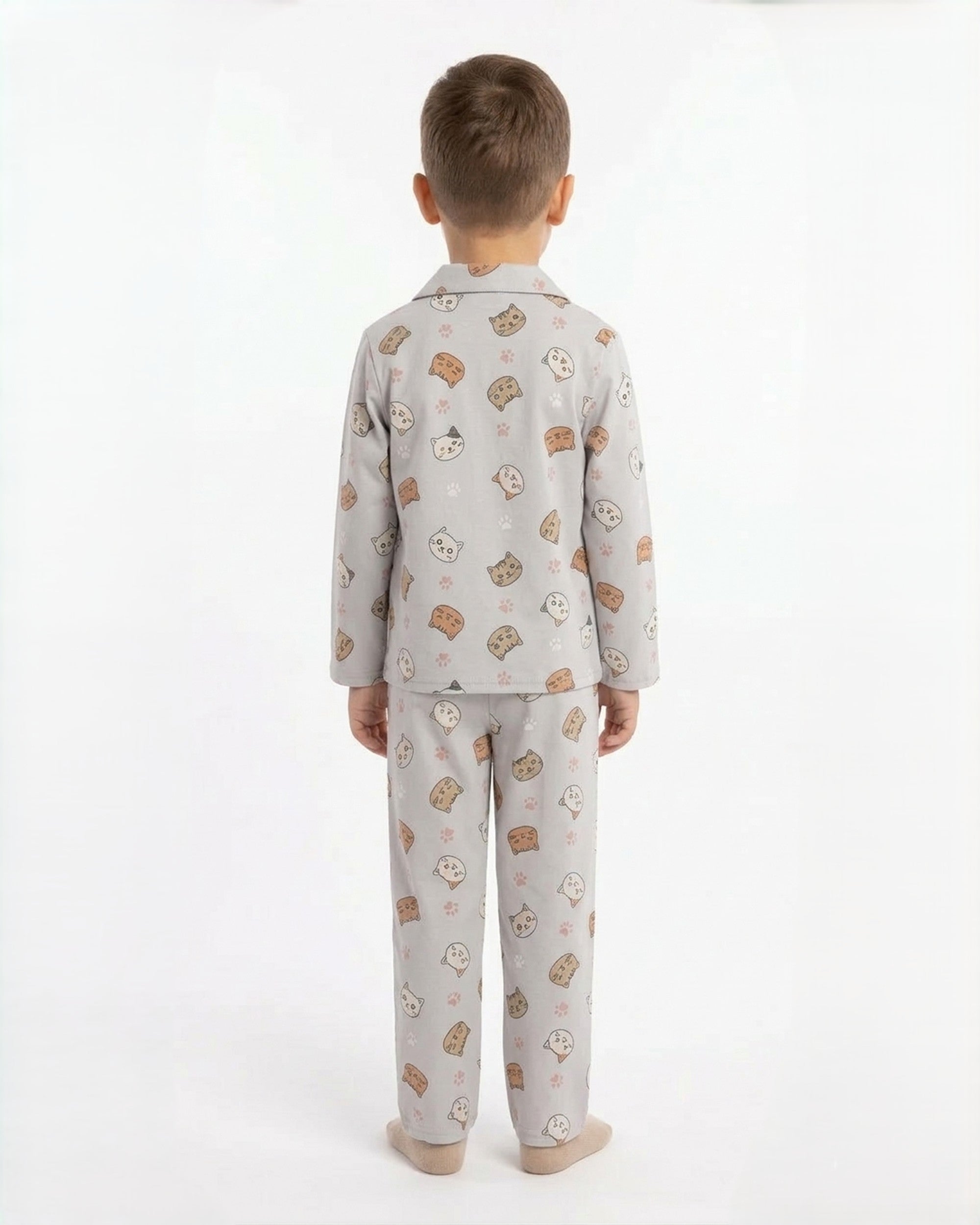 Kids Boys Grey & Orange Cat Printed Satin Night Suit