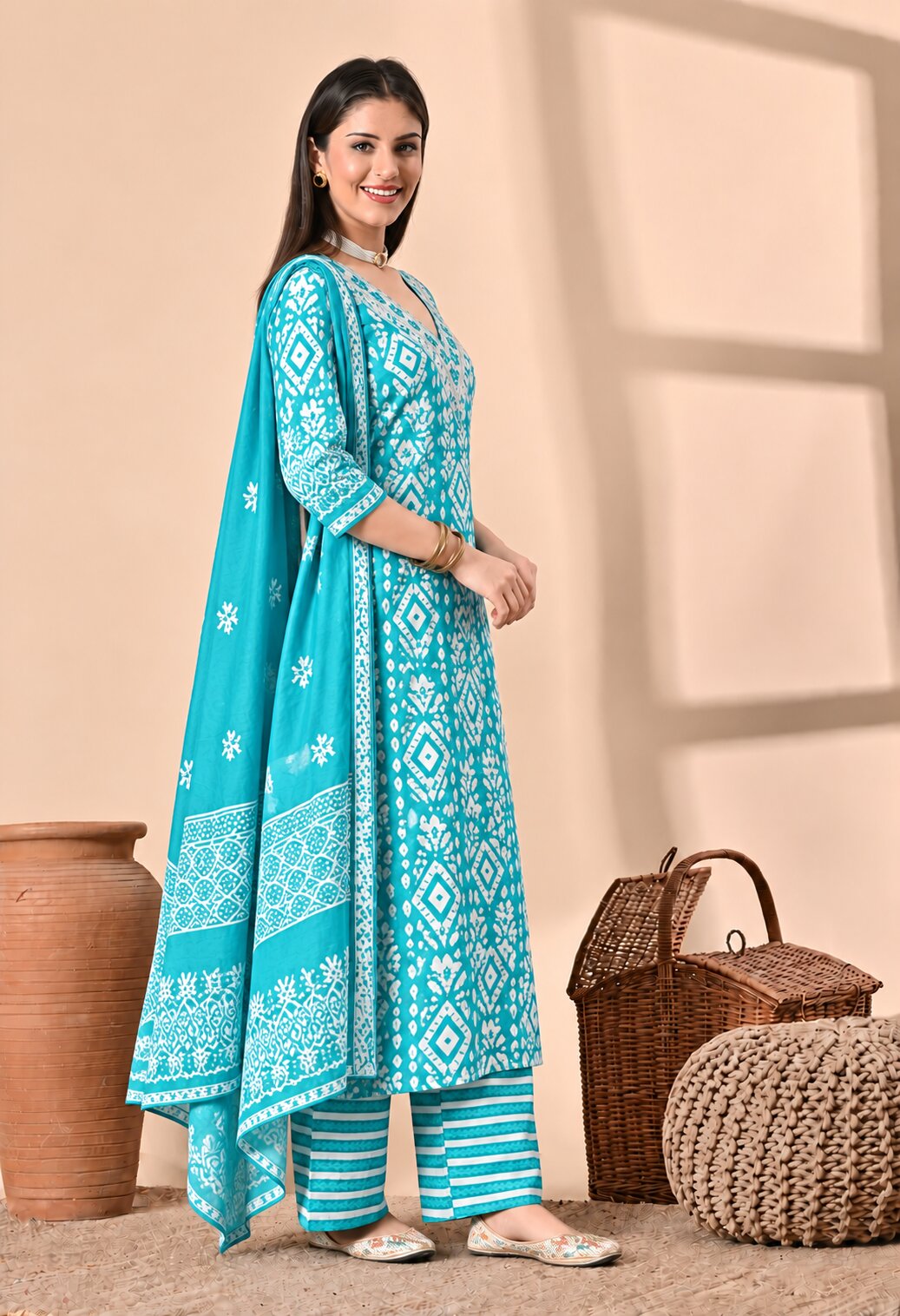 Turquoise Blue Cotton Printed Suit Set with Matching Cotton Dupatta for Women
