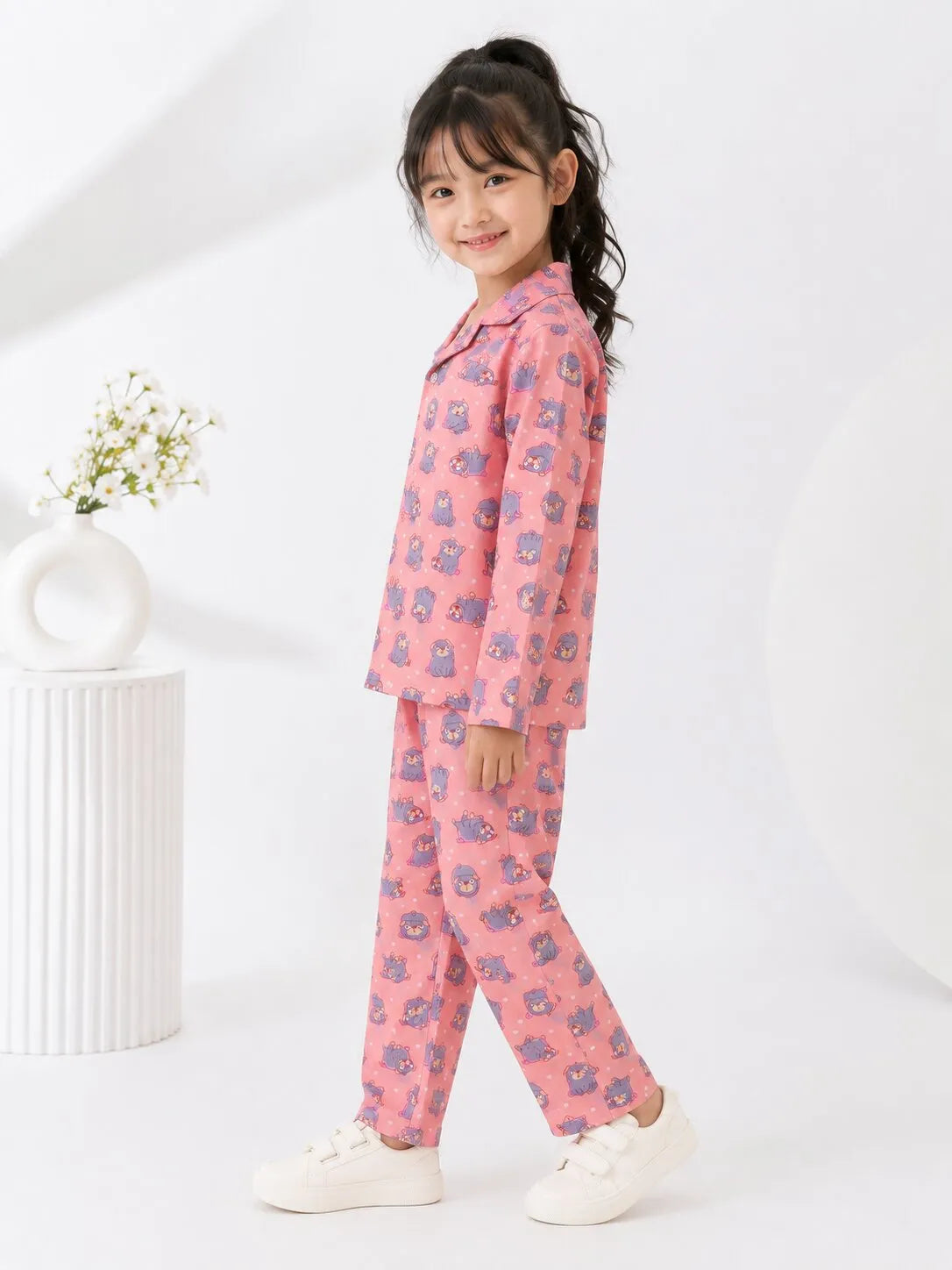 Kids' Pure Cotton Soft Pink Puppy Print  Night Suit