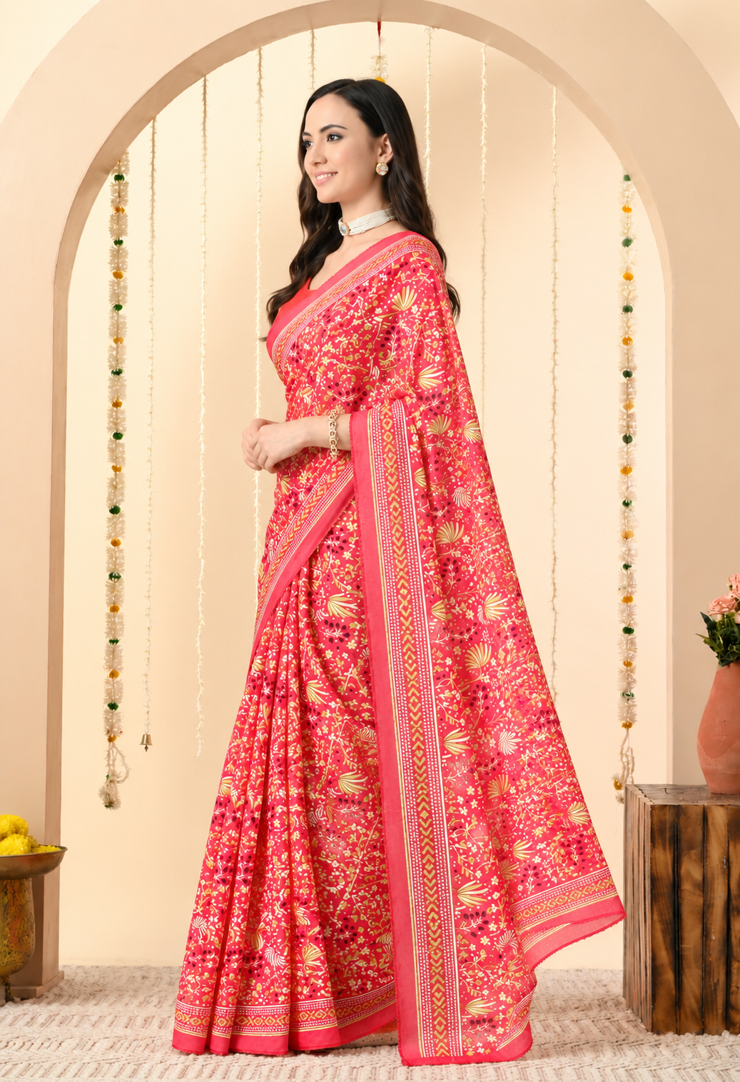 Elegant Red Georgette Saree with Intricate Floral Print