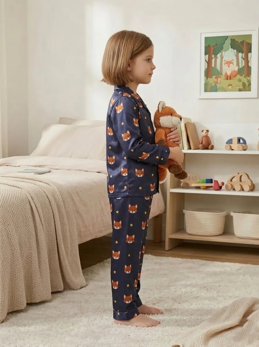 Kids Navy Blue Fox Print Satin Pajama Set