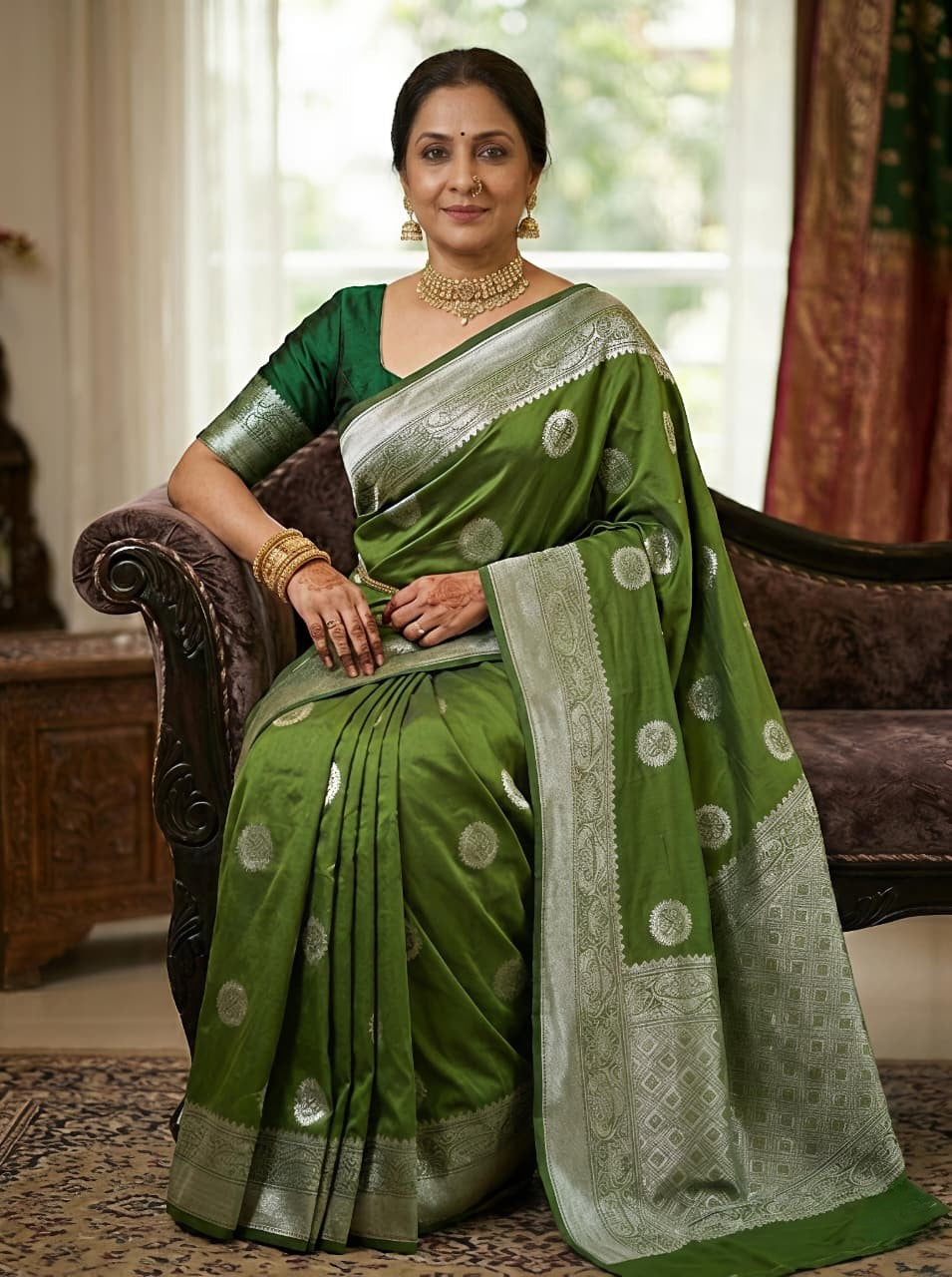 Olive Green & Silver-Toned Art Silk Woven Design Banarasi Saree