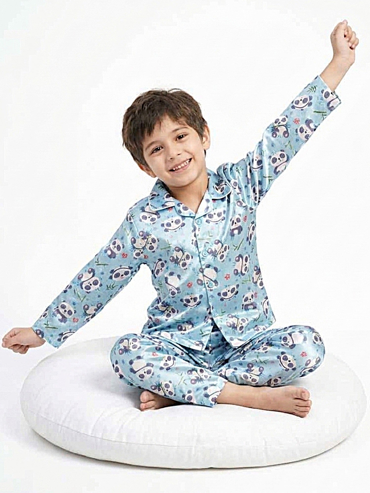 Boys Sky Blue Panda Graphic Printed Satin Night Suit