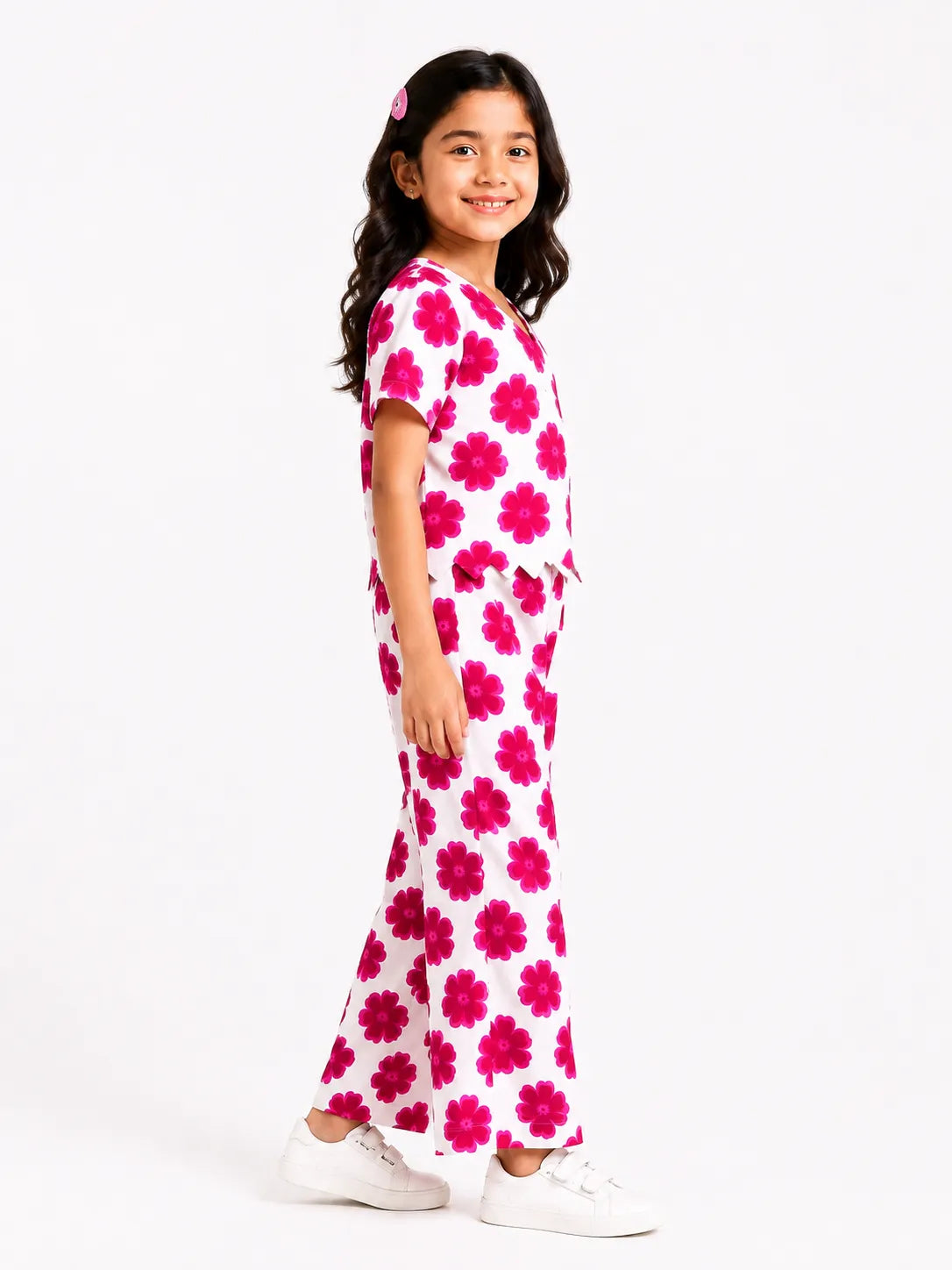 Girls Pink Floral Print Co-ord Set Scallop Hem V-Neck Top & Wide-Leg Trousers
