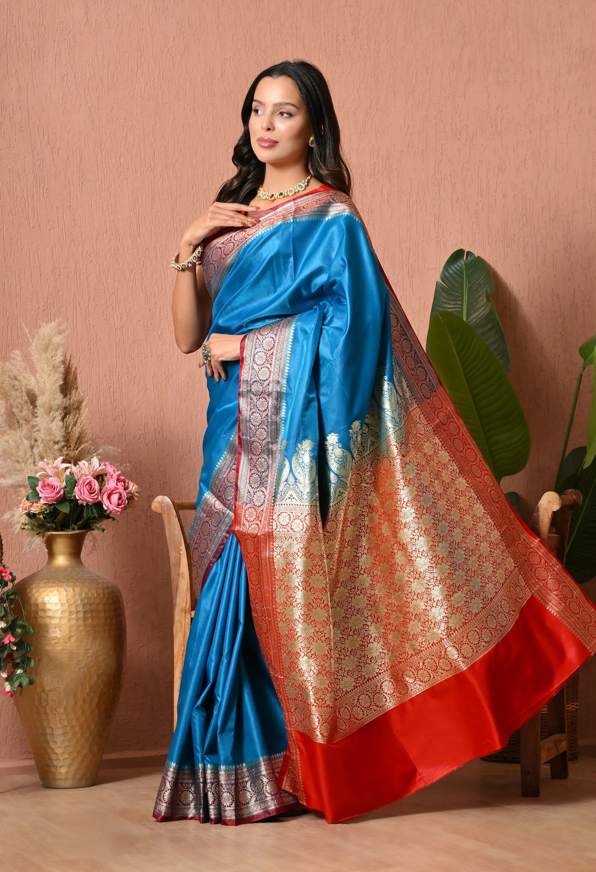 Regal Blue and Red Banarasi Style Silk Blend Saree