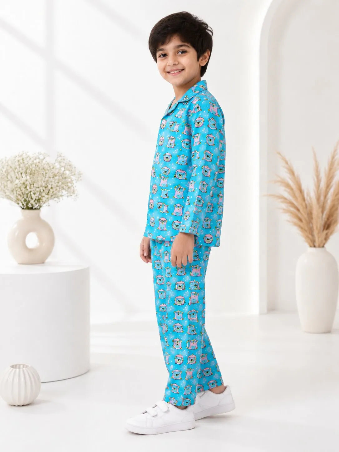 Boys Light Blue & Pink Pug Printed Pure Cotton Night Suit
