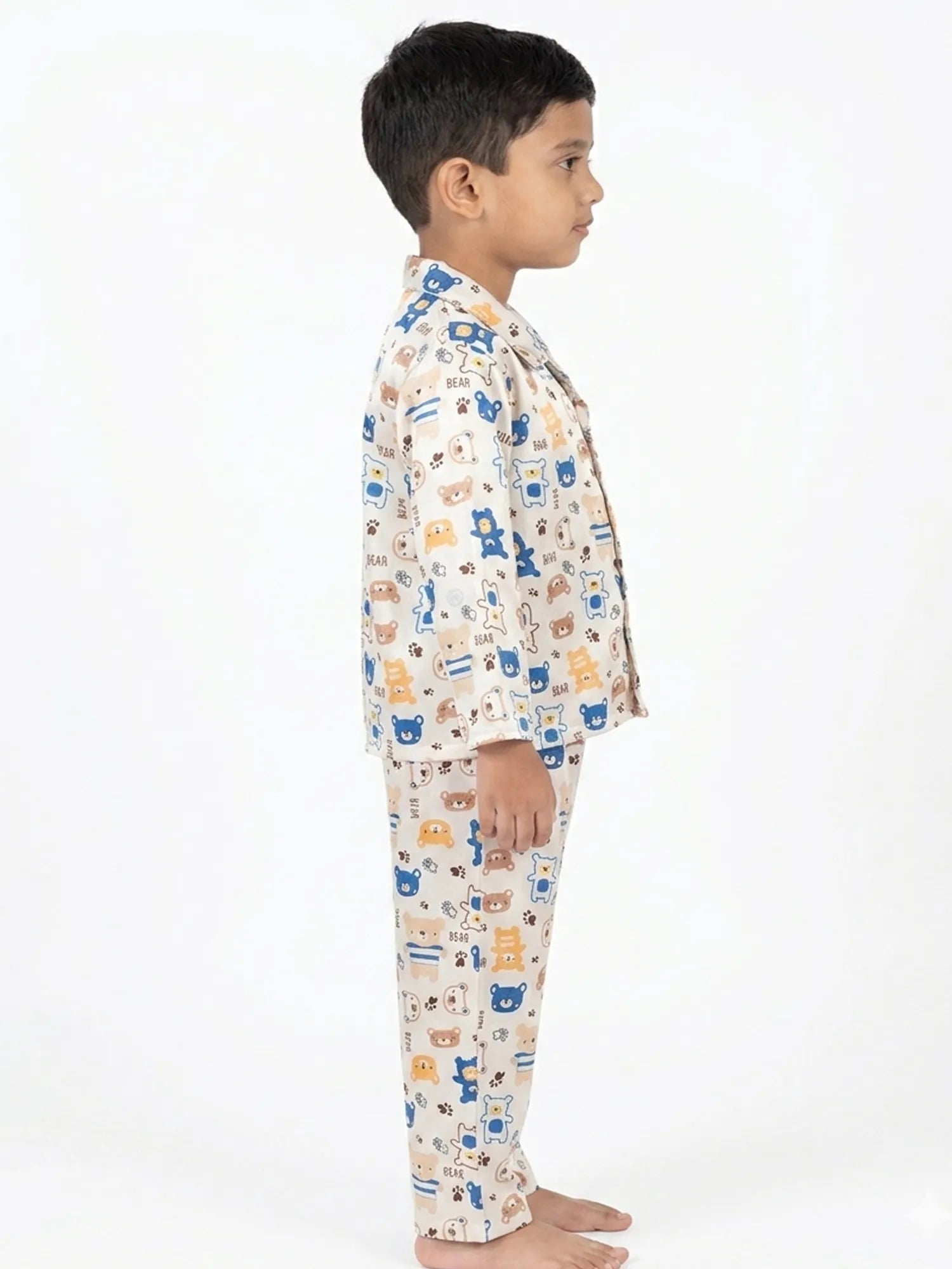 Boys' Bear Print Luxury Satin Night Suit – Full Sleeve Shirt & Pajama Sleepwear Set