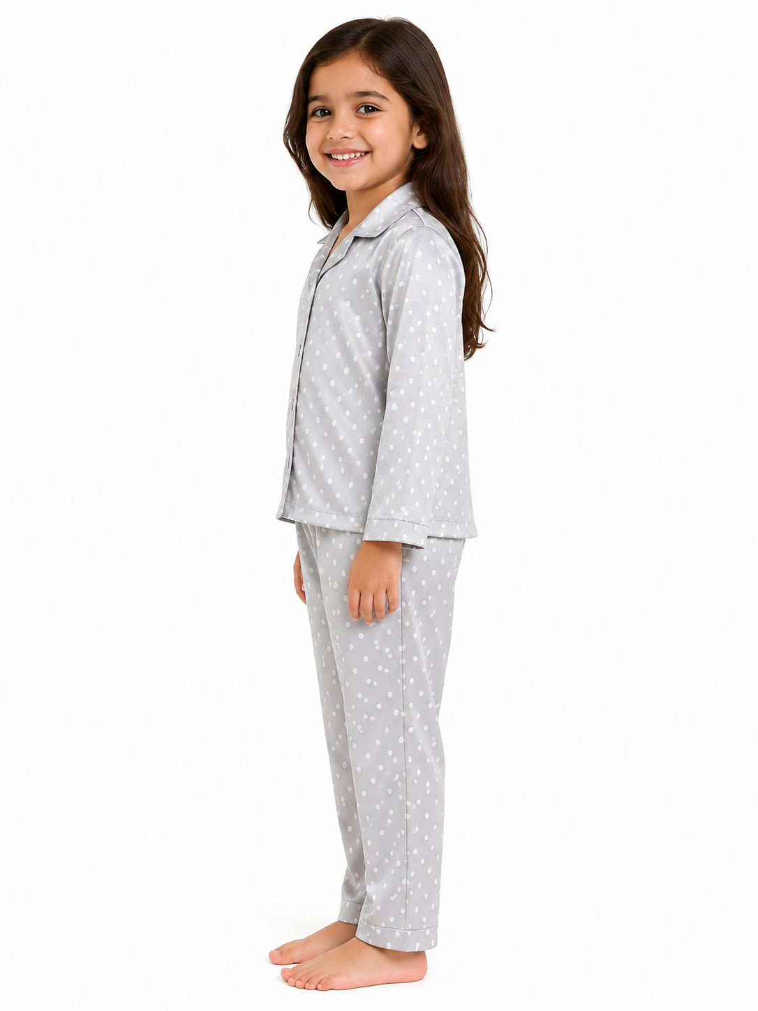 Girls Grey Polka Dot Printed Satin Nightsuit Set