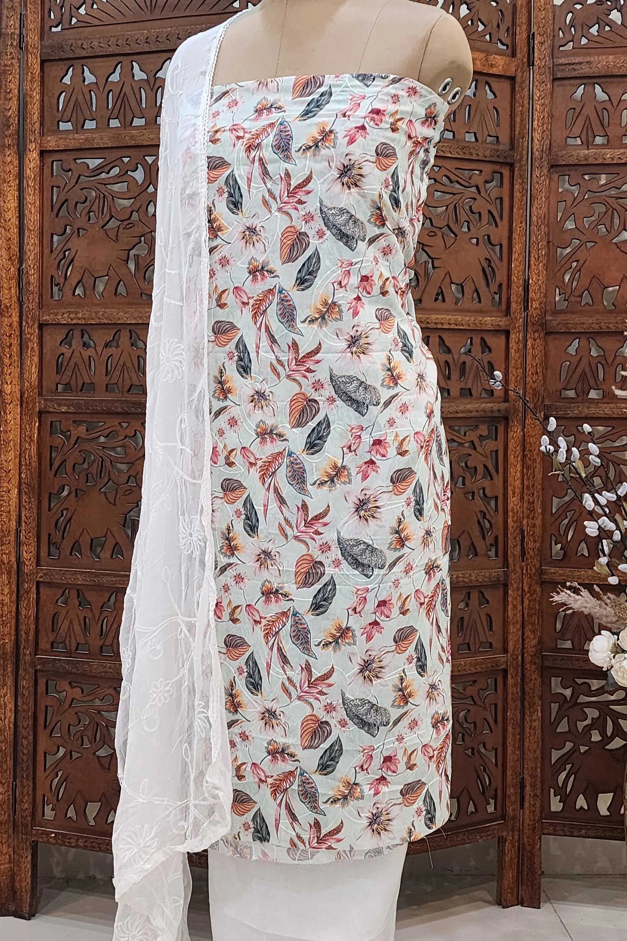 Floral Harmony Printed Cotton Blend Unstitched Dress Material with Embroidered Dupatta