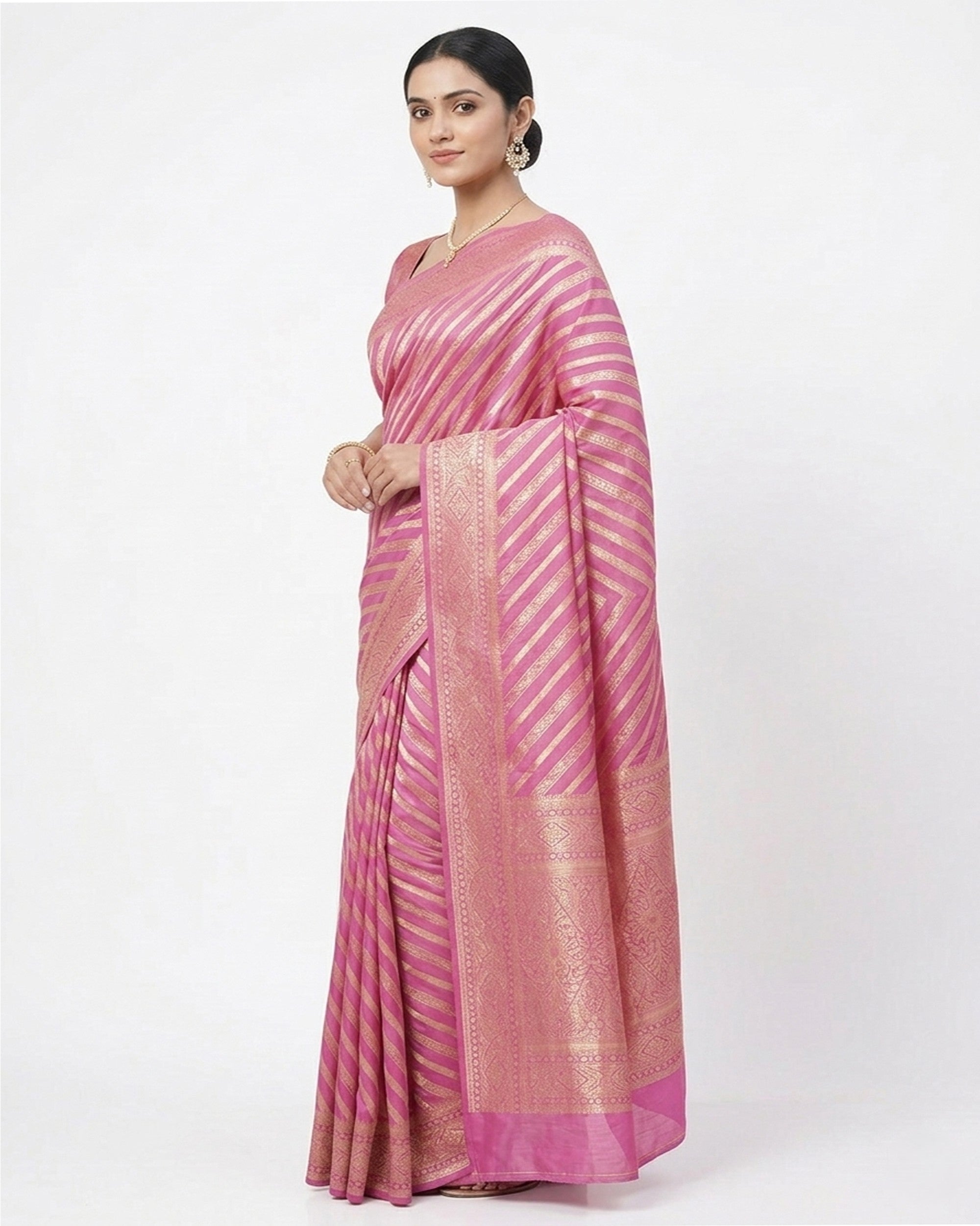 Pink & Gold-Toned Striped Zari Banarasi Silk Saree