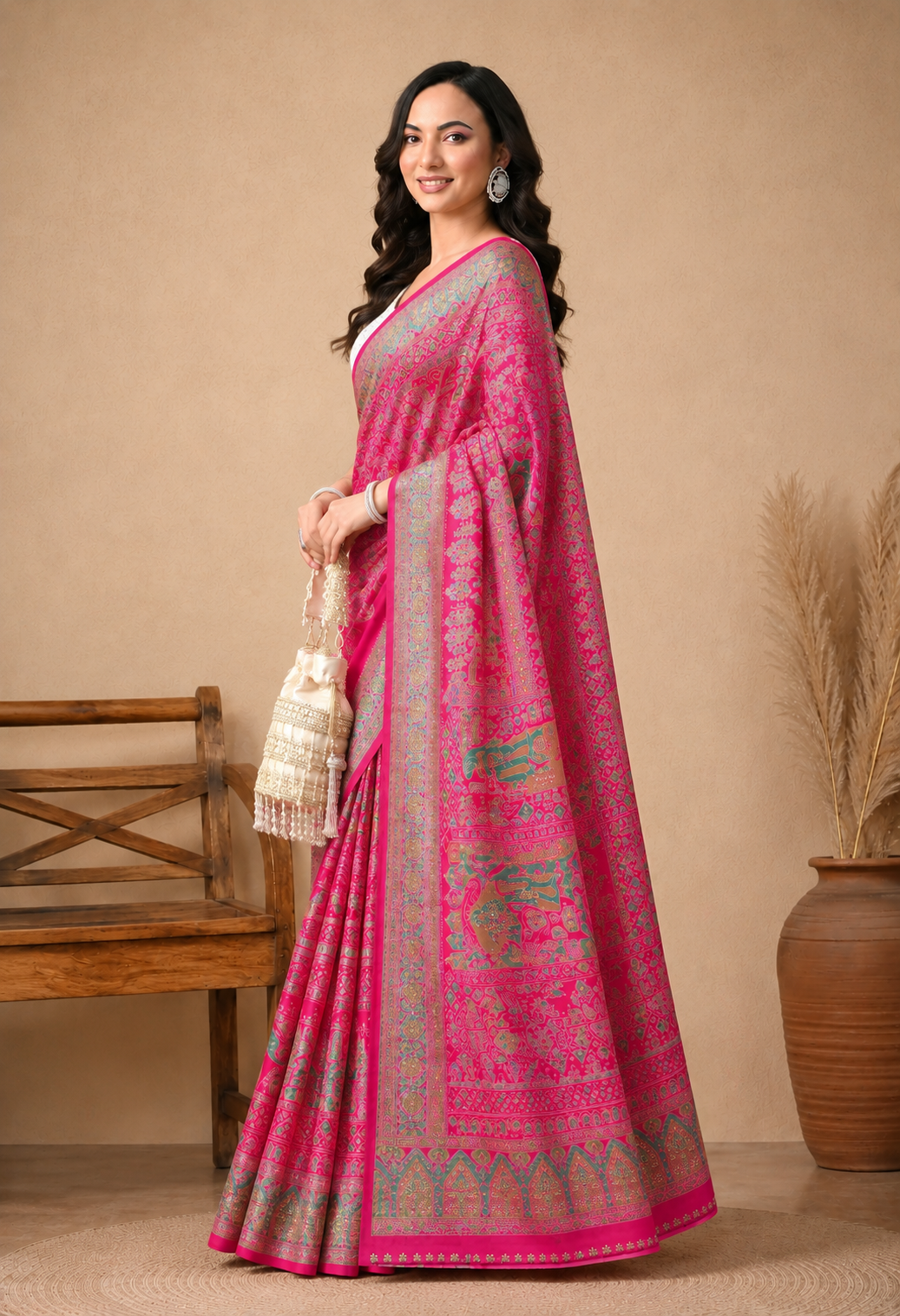 Women Pink Georgette Ethnic Printed Saree with Intricate Embellished Detailing