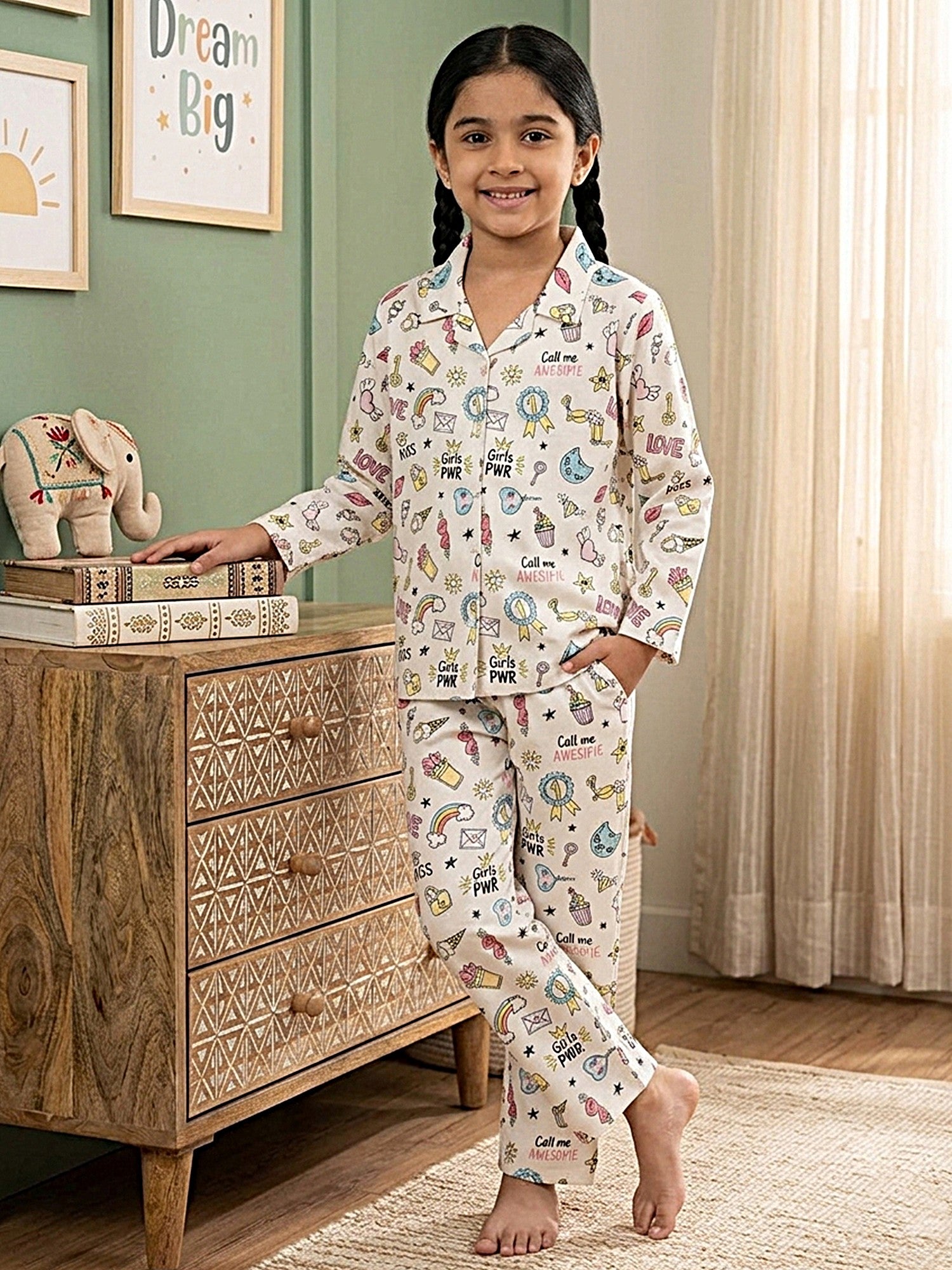Girl Pearl White & Multicolor Graphic Printed Satin Nightwear Set