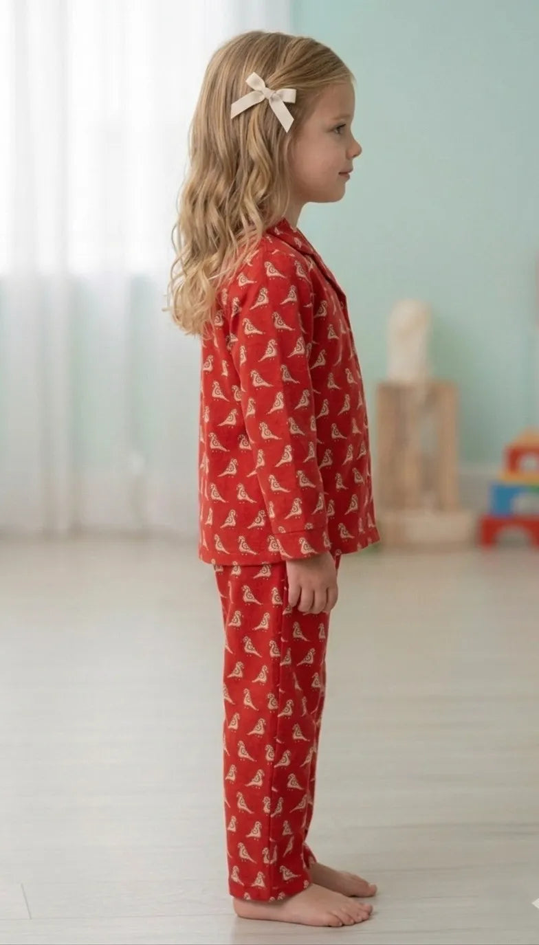 Girls Red & White Bird Print Cotton Night Suit