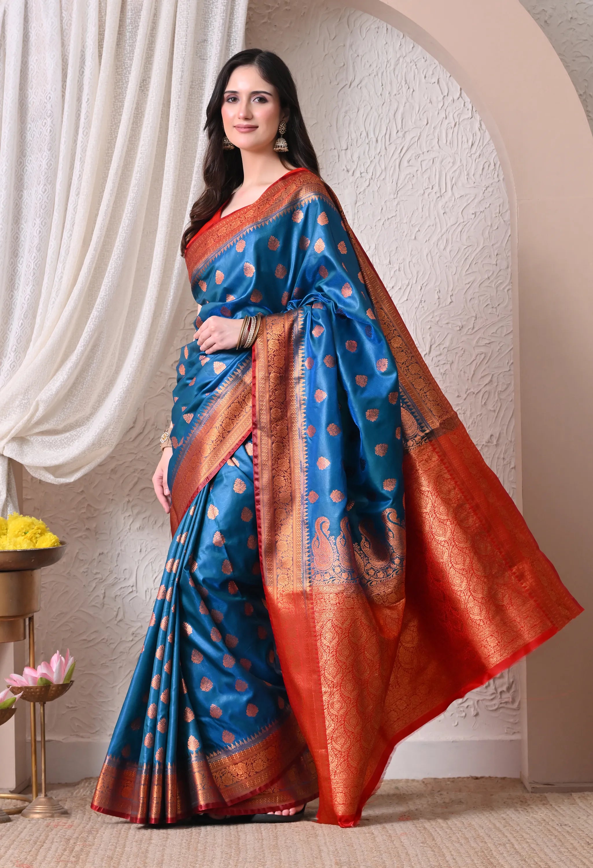 Silk Blend Saree in Peacock Blue & Crimson Red