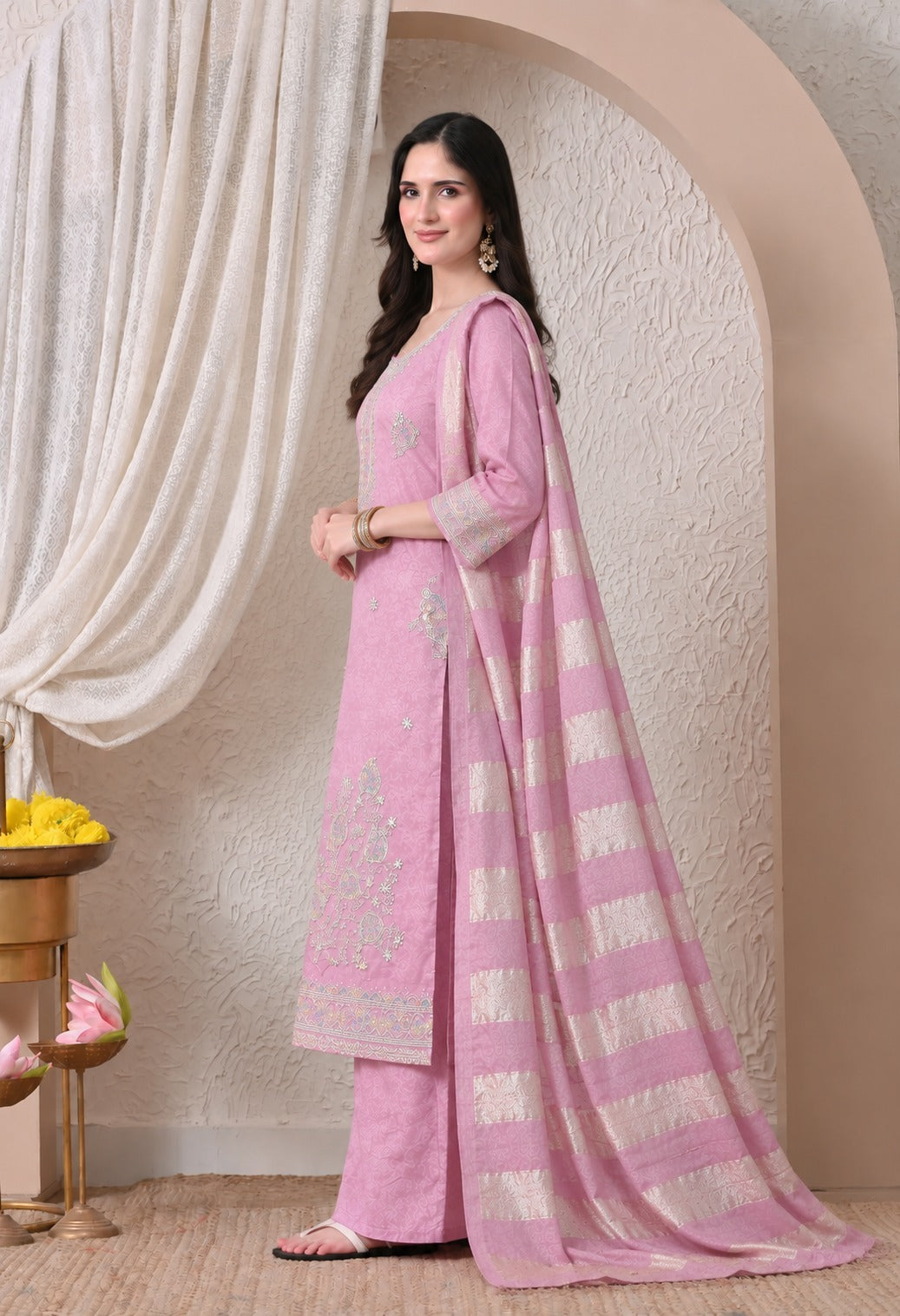 Pink Chanderi Silk Embroidered Suit Set with Matching Chanderi Silk Dupatta for Women