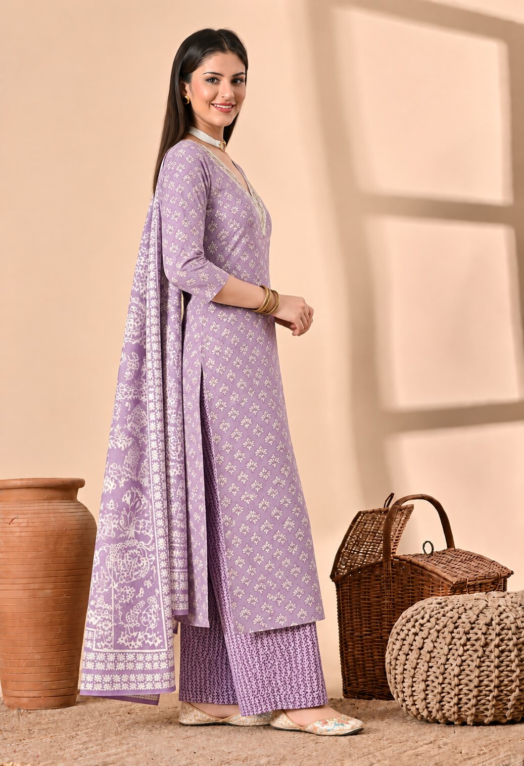 Lavender Cotton Printed Suit Set with Matching Cotton Dupatta