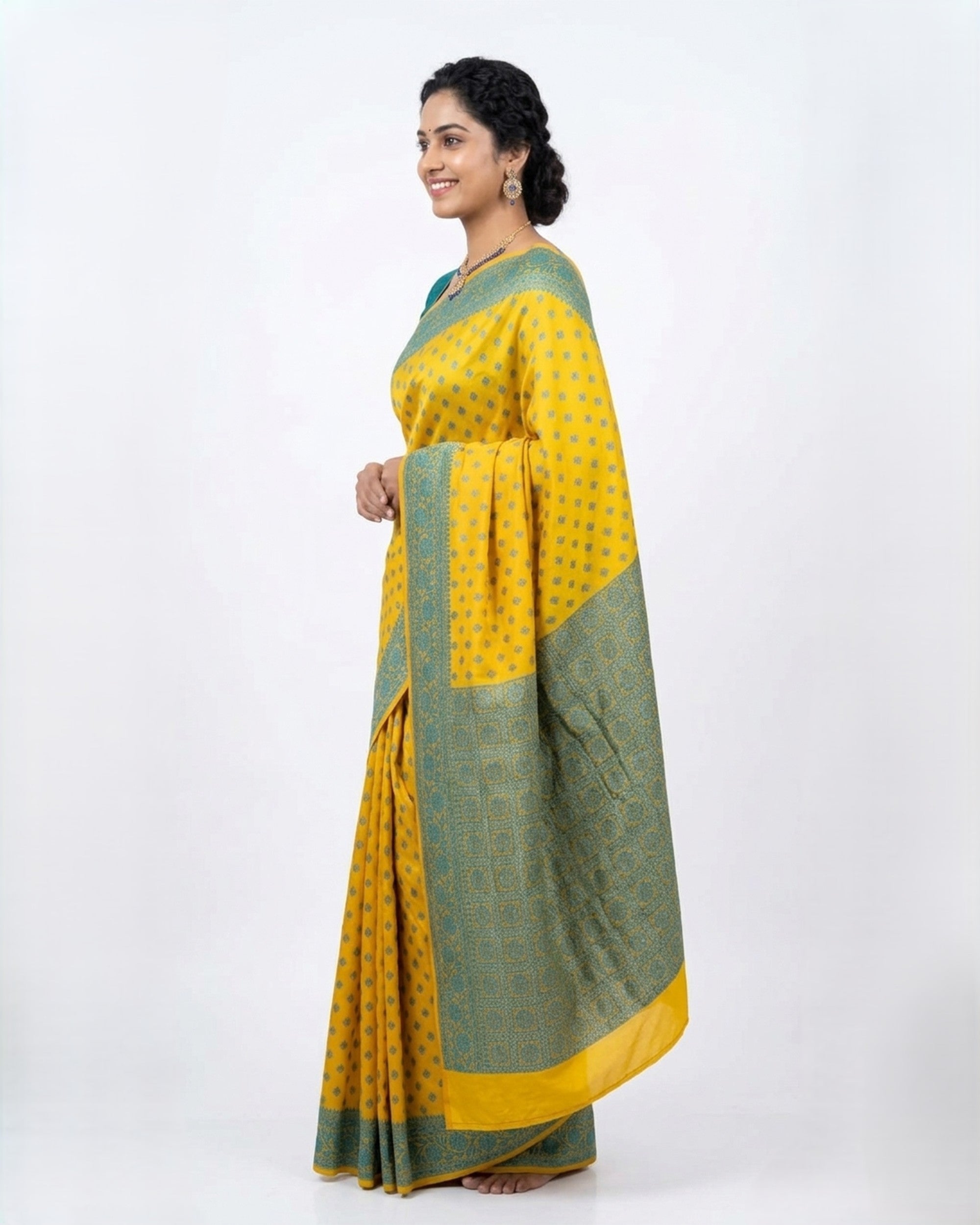 Yellow & Green Ethnic Motifs Woven Design Zari Silk Blend Saree