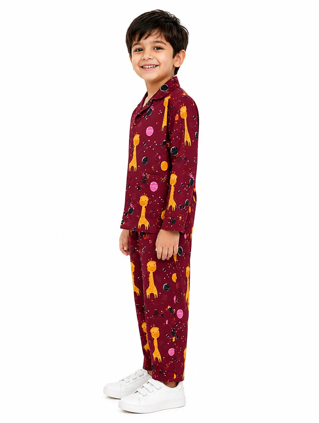 Kids Boys Maroon & Yellow Printed Pure Cotton Night Suit