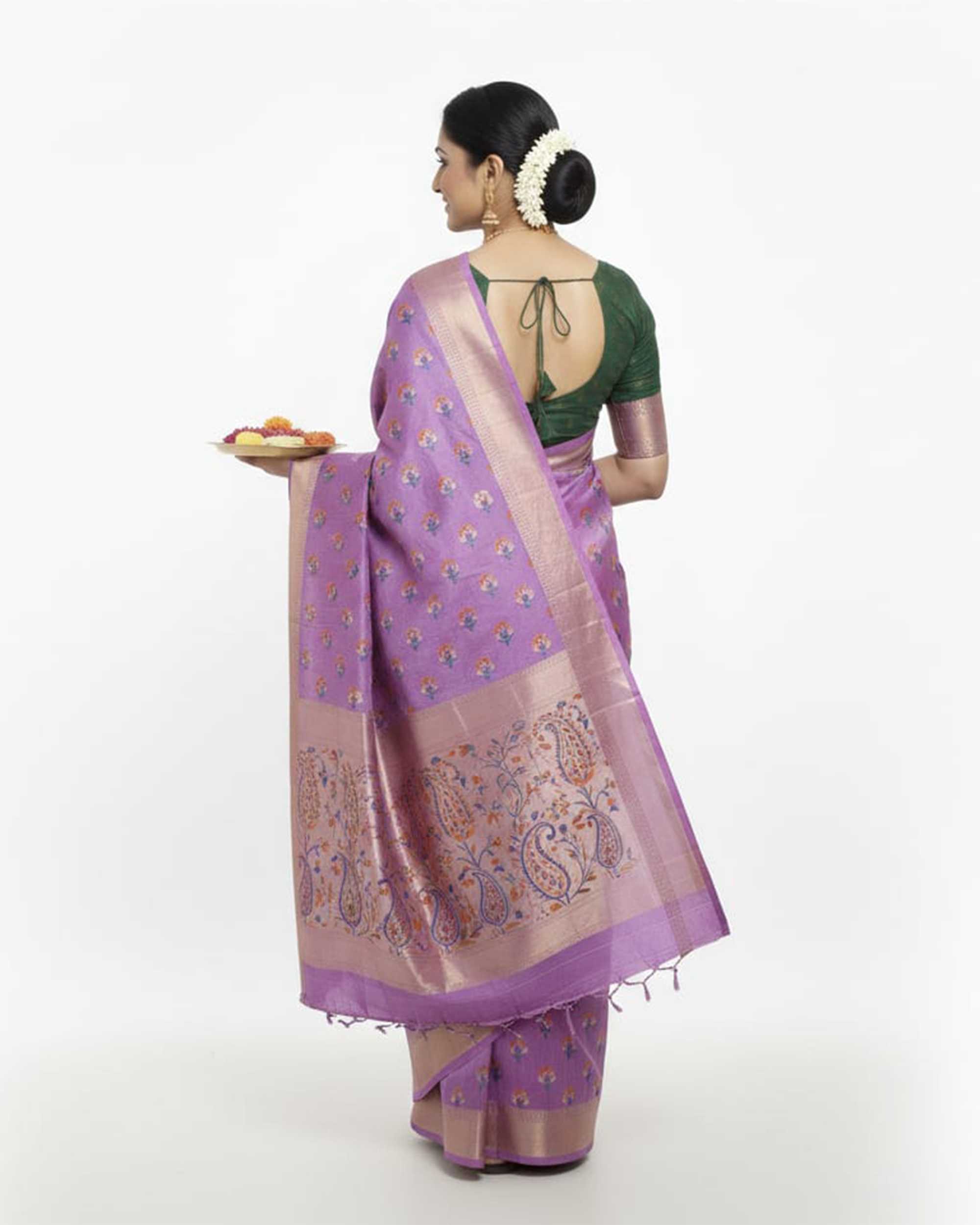Women Lavender & Rose Gold-Toned Silk Blend Floral Printed Kanjeevaram Saree with Zari Border