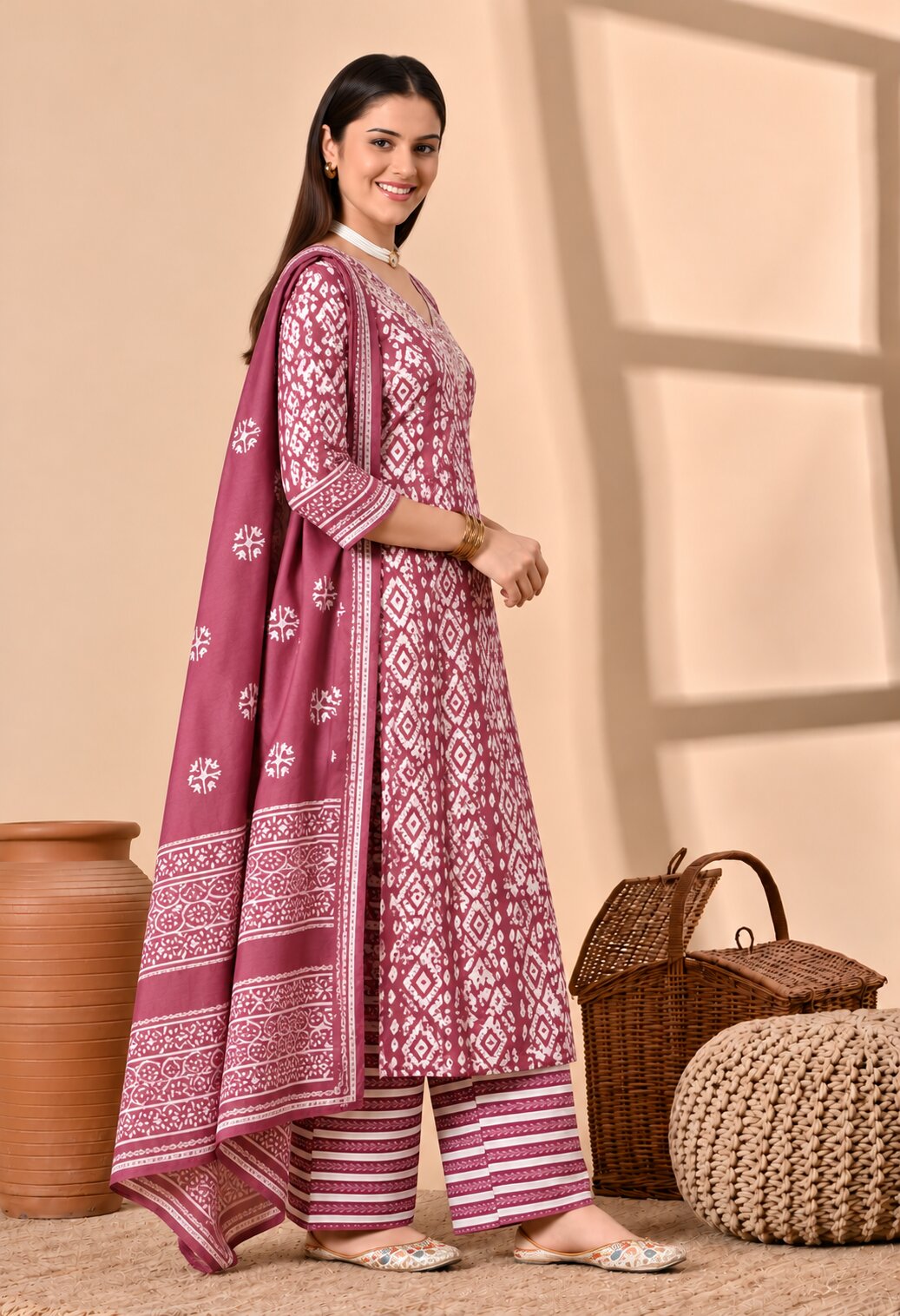 Mauve Pink Cotton Printed Suit Set with Matching Cotton Dupatta for Women