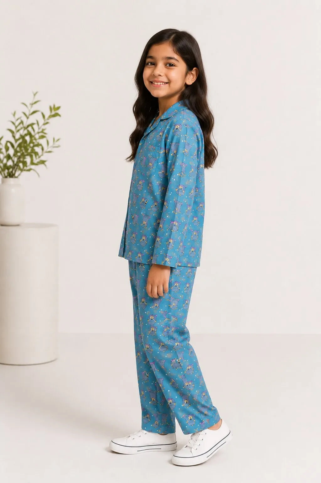 Teal Blue & Grey Hedgehog Print Pure Cotton Girls Night Suit