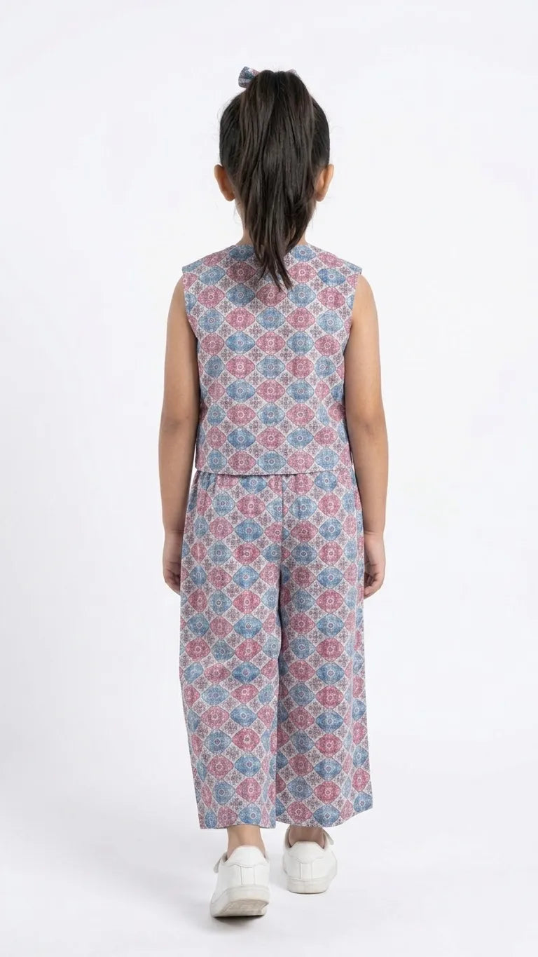 Girls' Geometric Printed V-Neck Waistcoat with Palazzo Set