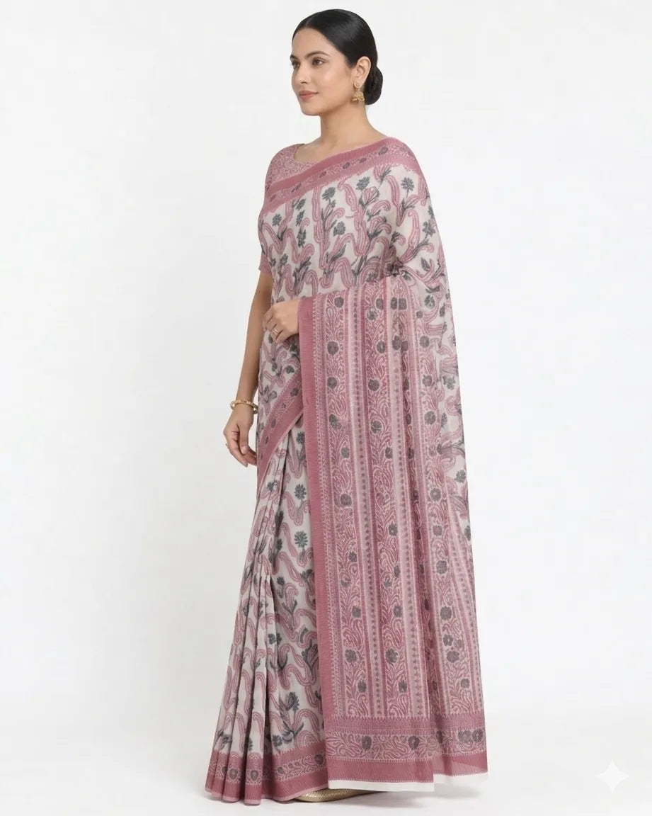 Women Off-White & Pink  Printed Silk Blend Saree