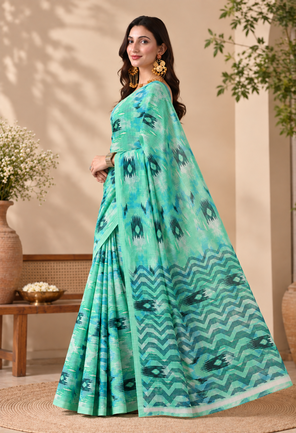 Aqua Green Printed Saree with Peacock-Inspired Motifs & Designer Pallu