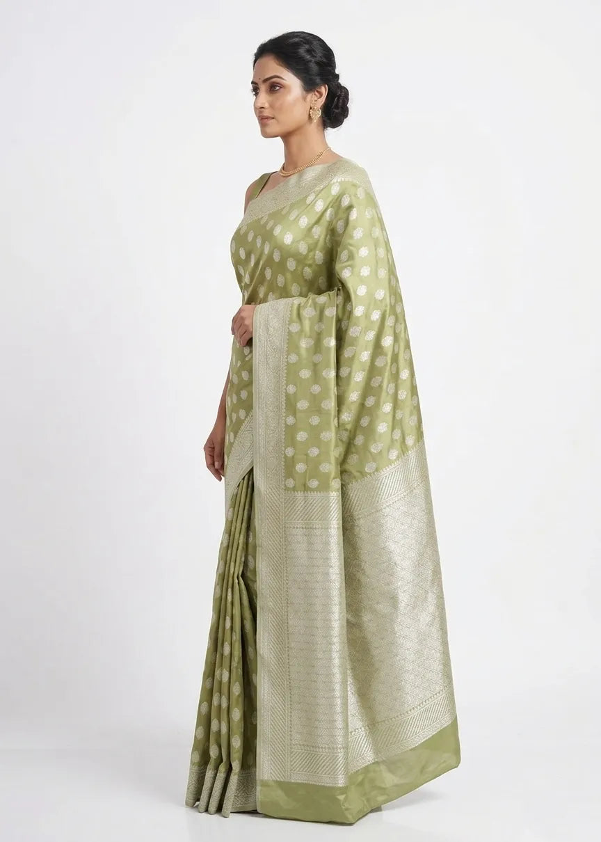 Olive Green & Silver-Toned Polka Dot Woven Design Banarasi Saree with Unstitched Blouse