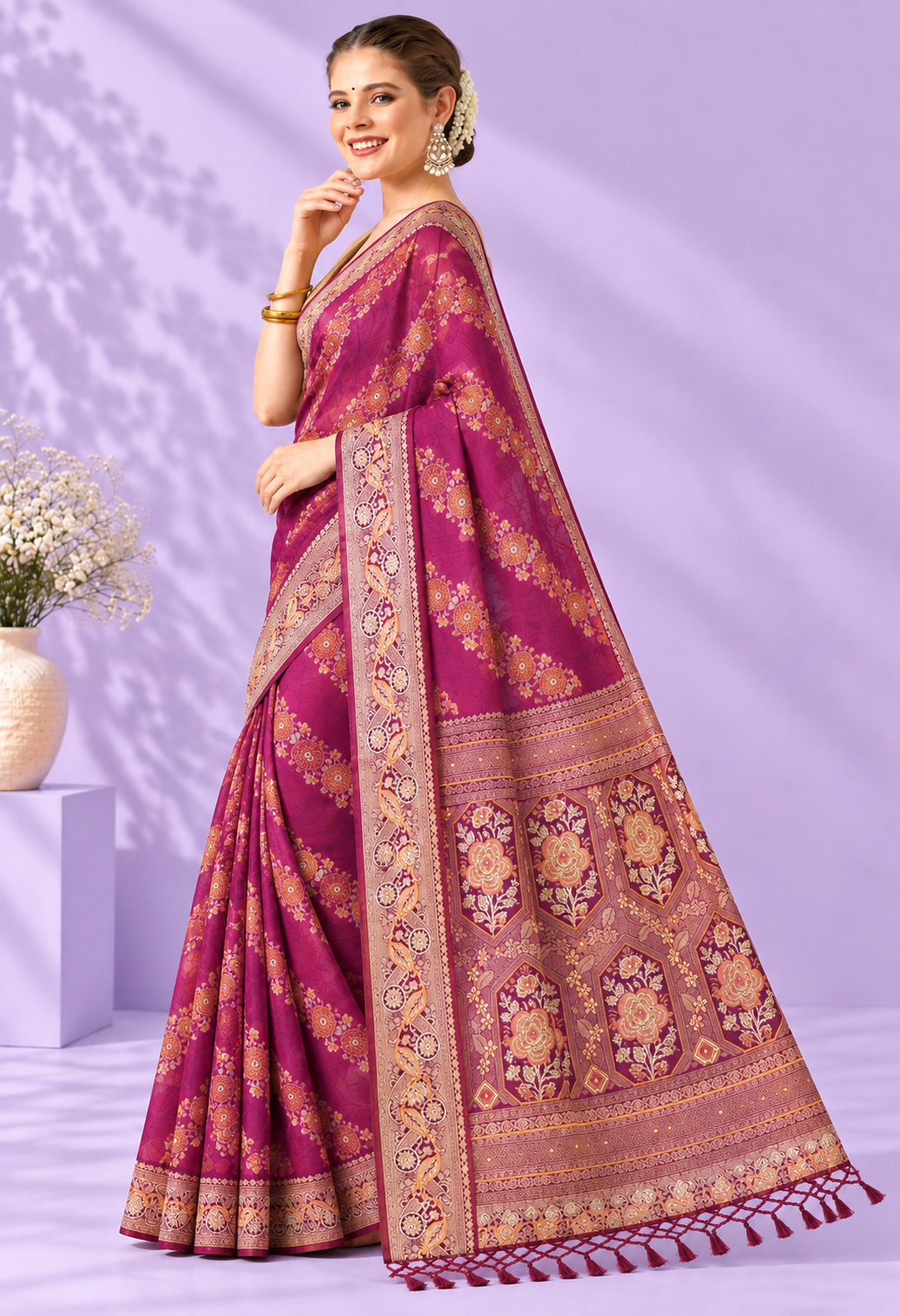 Elegant Pink Printed Saree with Intricate Floral Pallu & Tassel Detailing