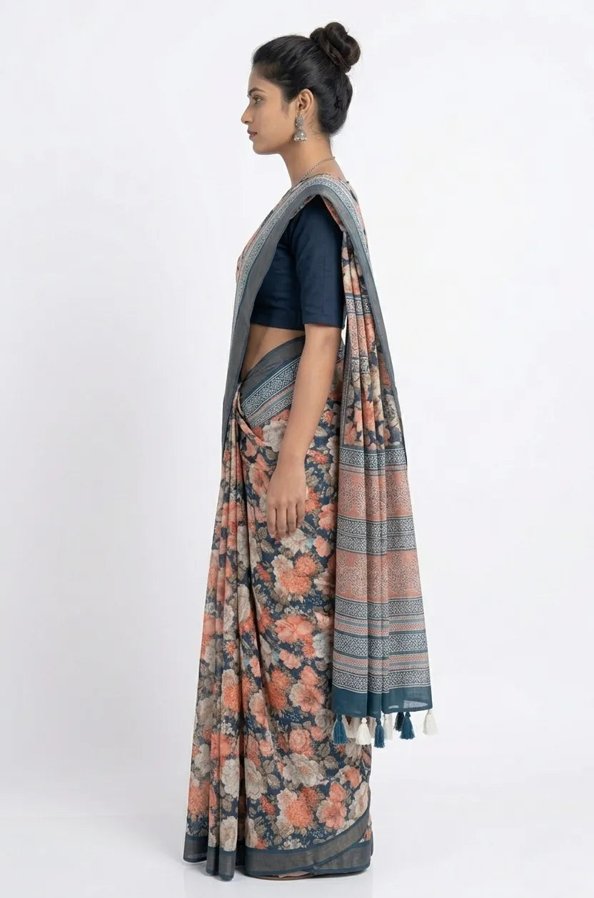 Floral Printed Silk Blend Saree with Zari Border