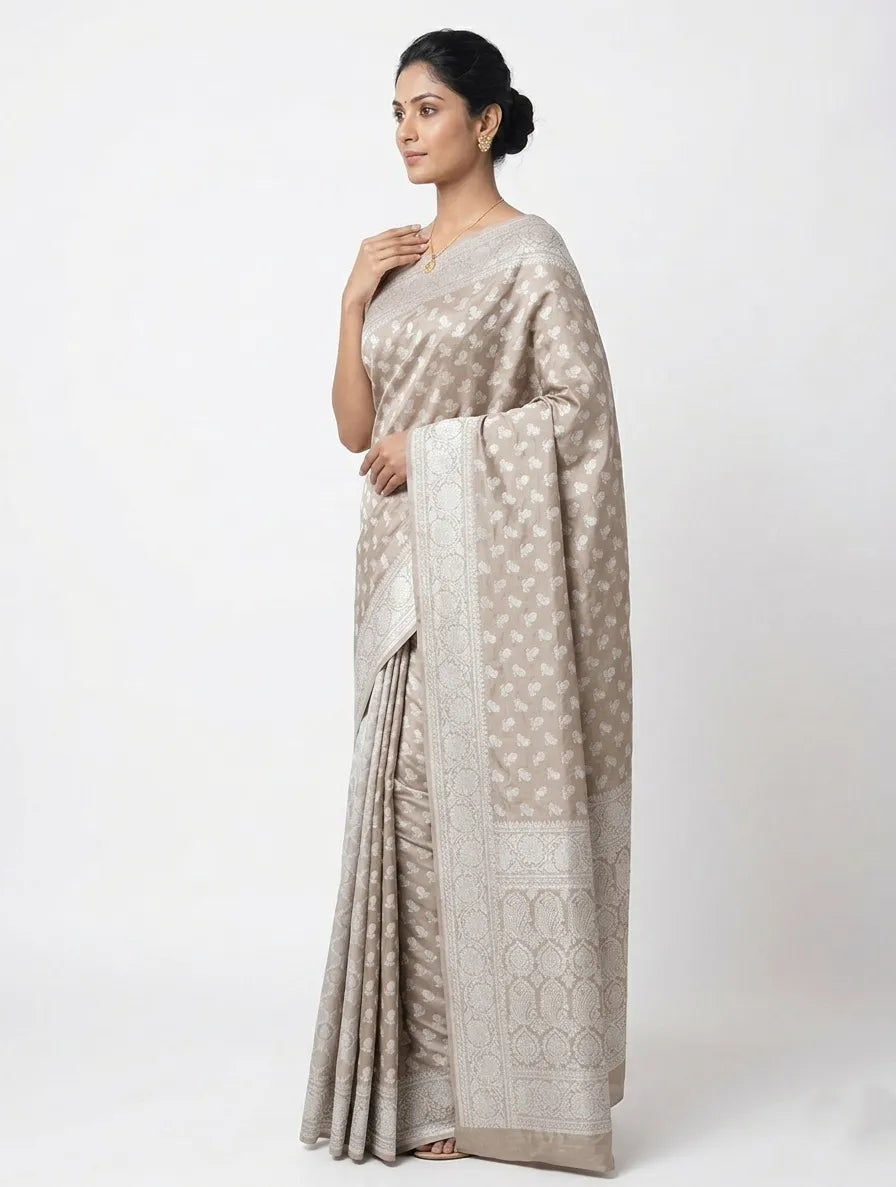 Champagne & Silver-Toned Floral Woven Design Banarasi Saree with Unstitched Blouse