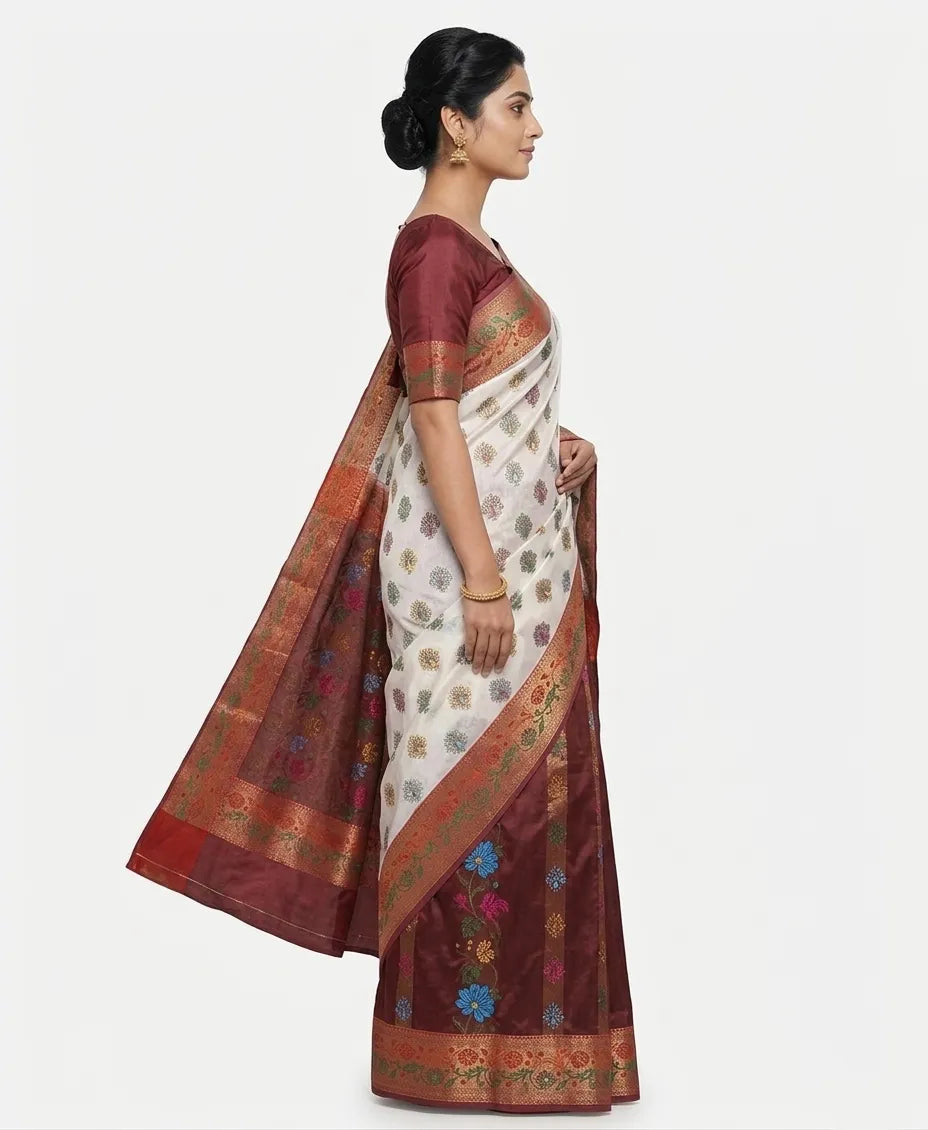 Off-White & Maroon Silk Blend Saree with Floral Woven Butta Design