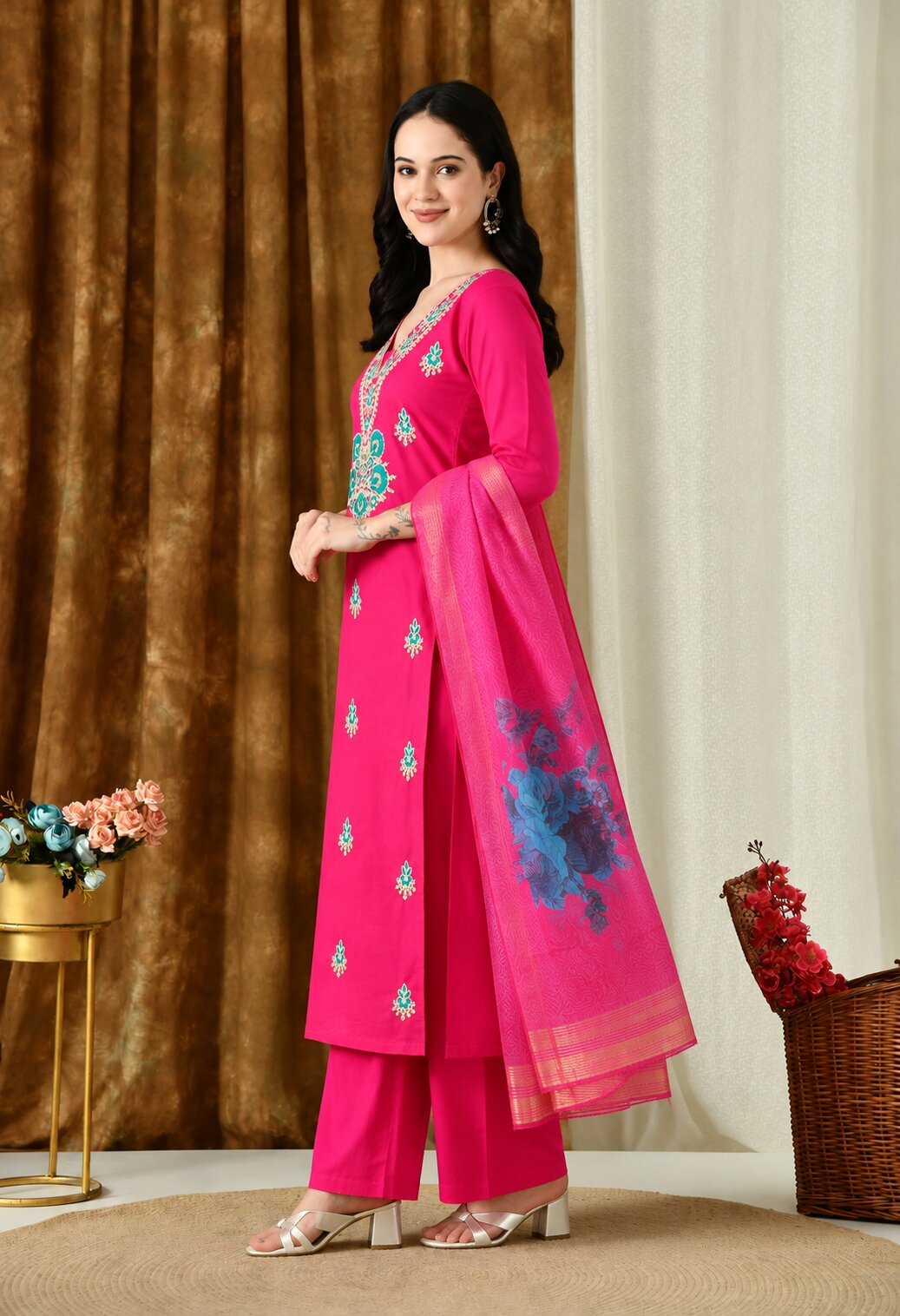 Rani Pink Chanderi Silk Embroidered Suit Set with Blue Floral Organza Dupatta for Women