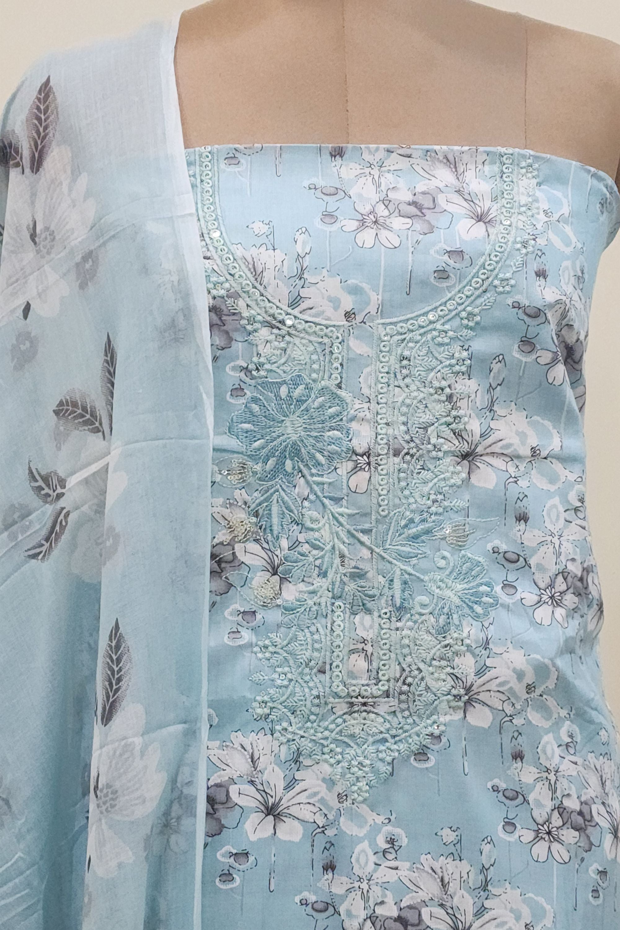 Women's Pure Cotton Sky Blue Floral Print Unstitched Suit