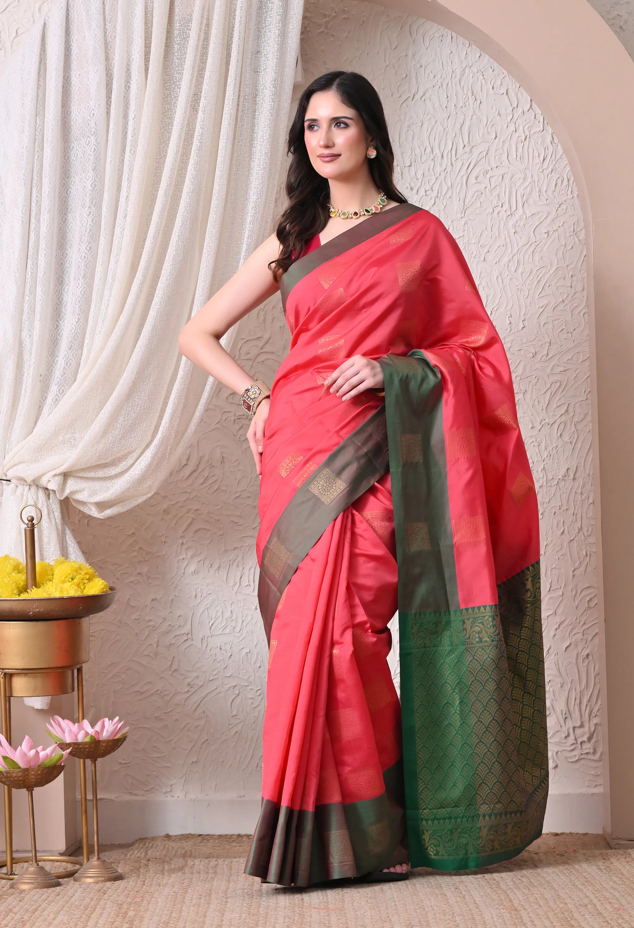 Silk Blend Saree in Coral Pink & Deep Olive