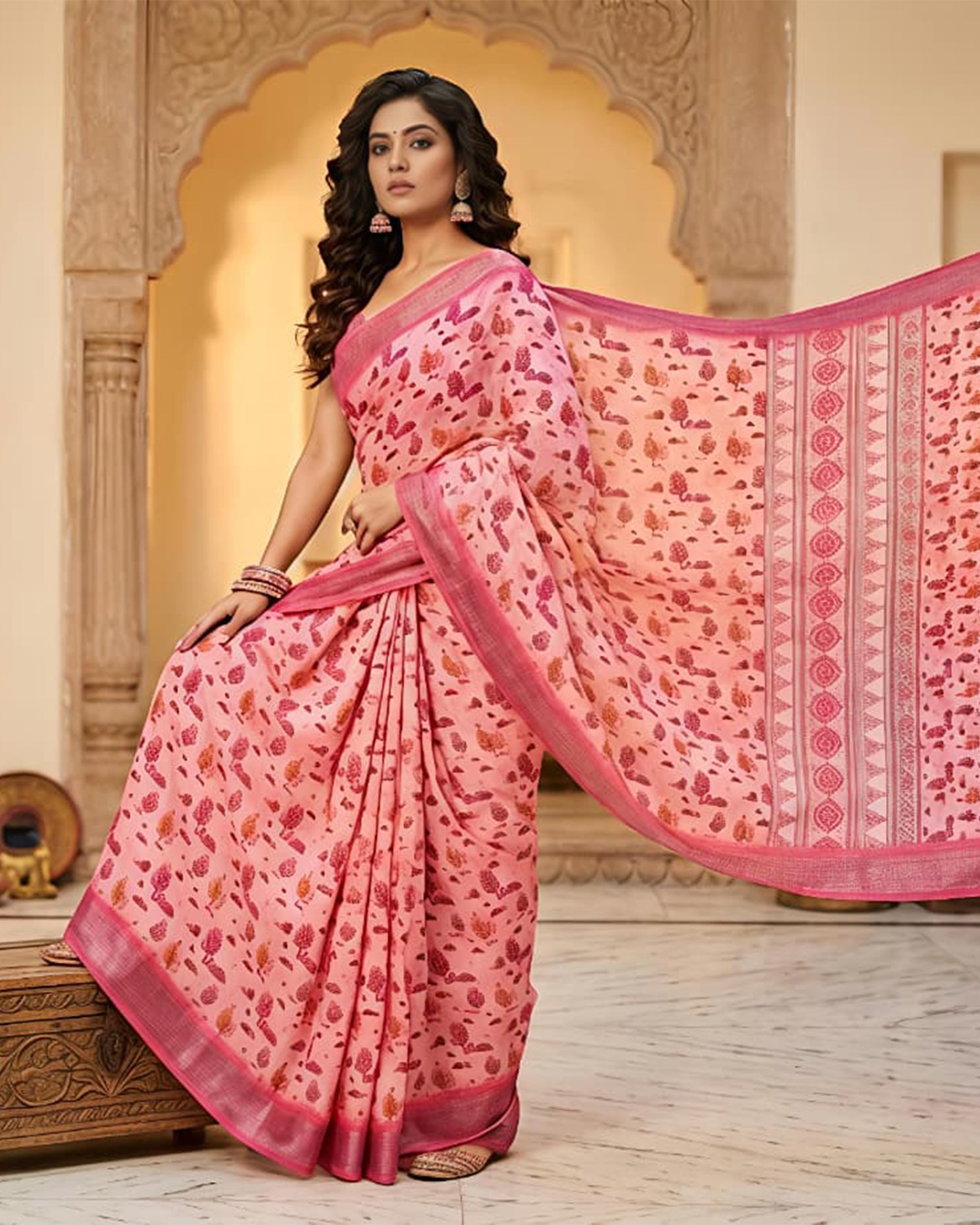 Pink & Red Floral Printed Pure Cotton Saree with Zari Border