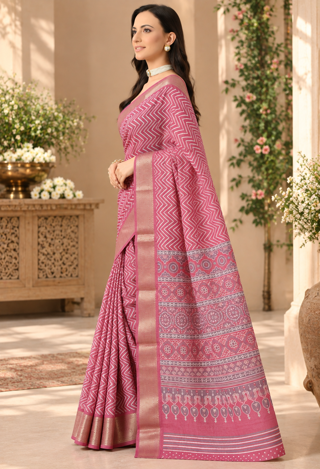 Elegant Pink Printed Saree with Intricate Patterned Pallu